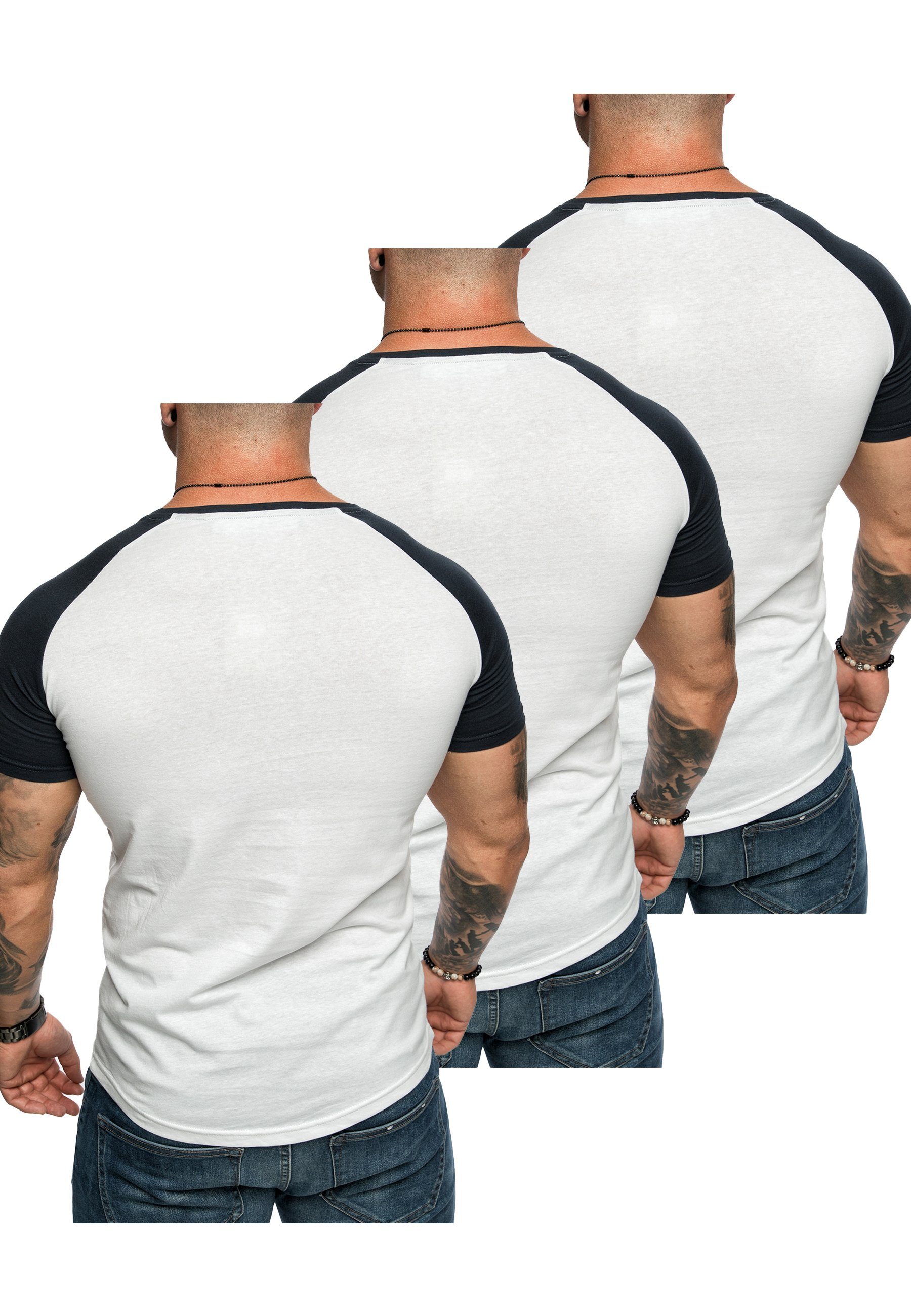 T-Shirts OMAHA Oversize Herren Basic (3x Amaci&Sons T-Shirt T-Shirt Kontrast (3er-Pack) Raglan Weiß/Navyblau) 3er-Pack 3.