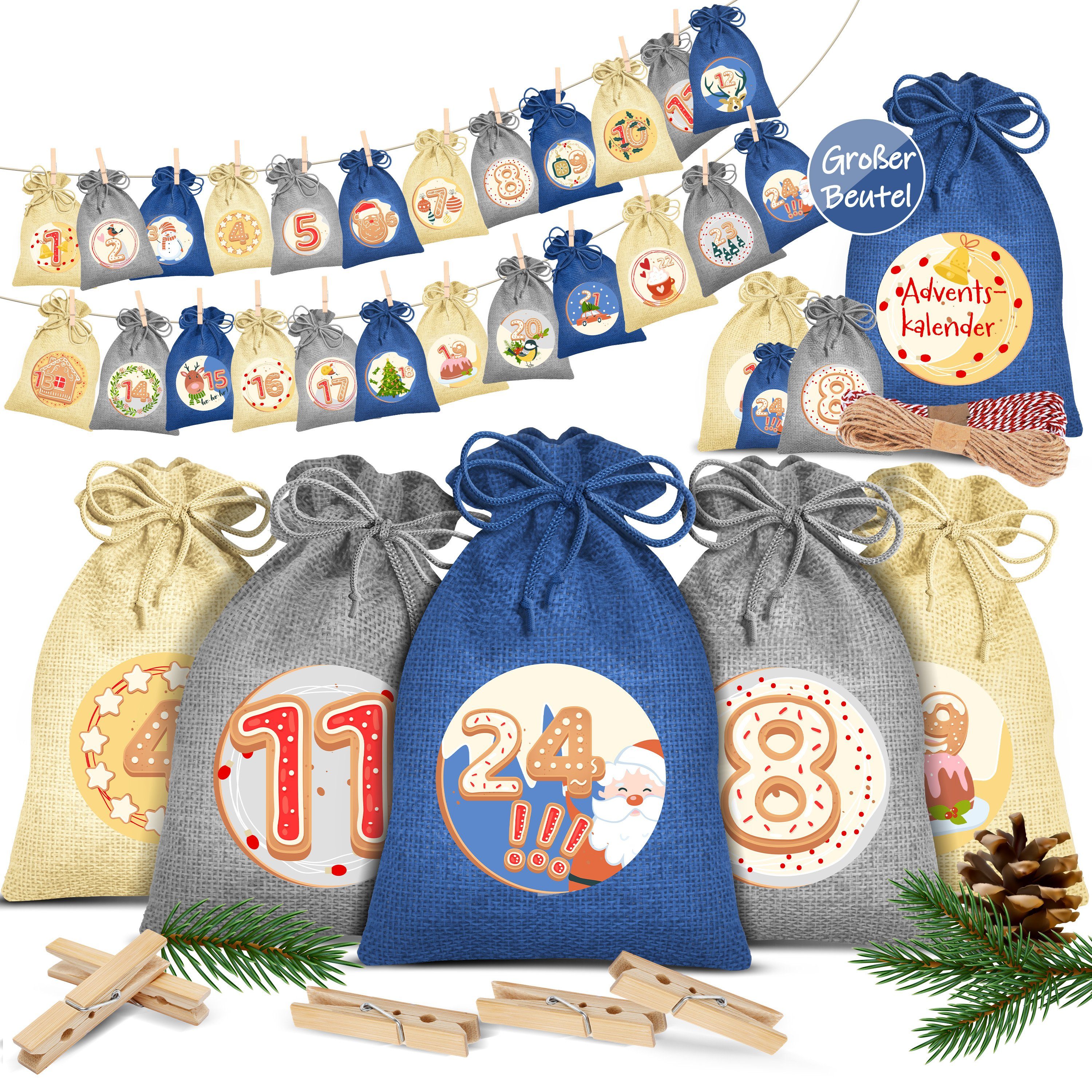 KESSER Adventskalender, Adventskalender zum Befüllen 24 Jutebeutel Stoffbezug gedruckt