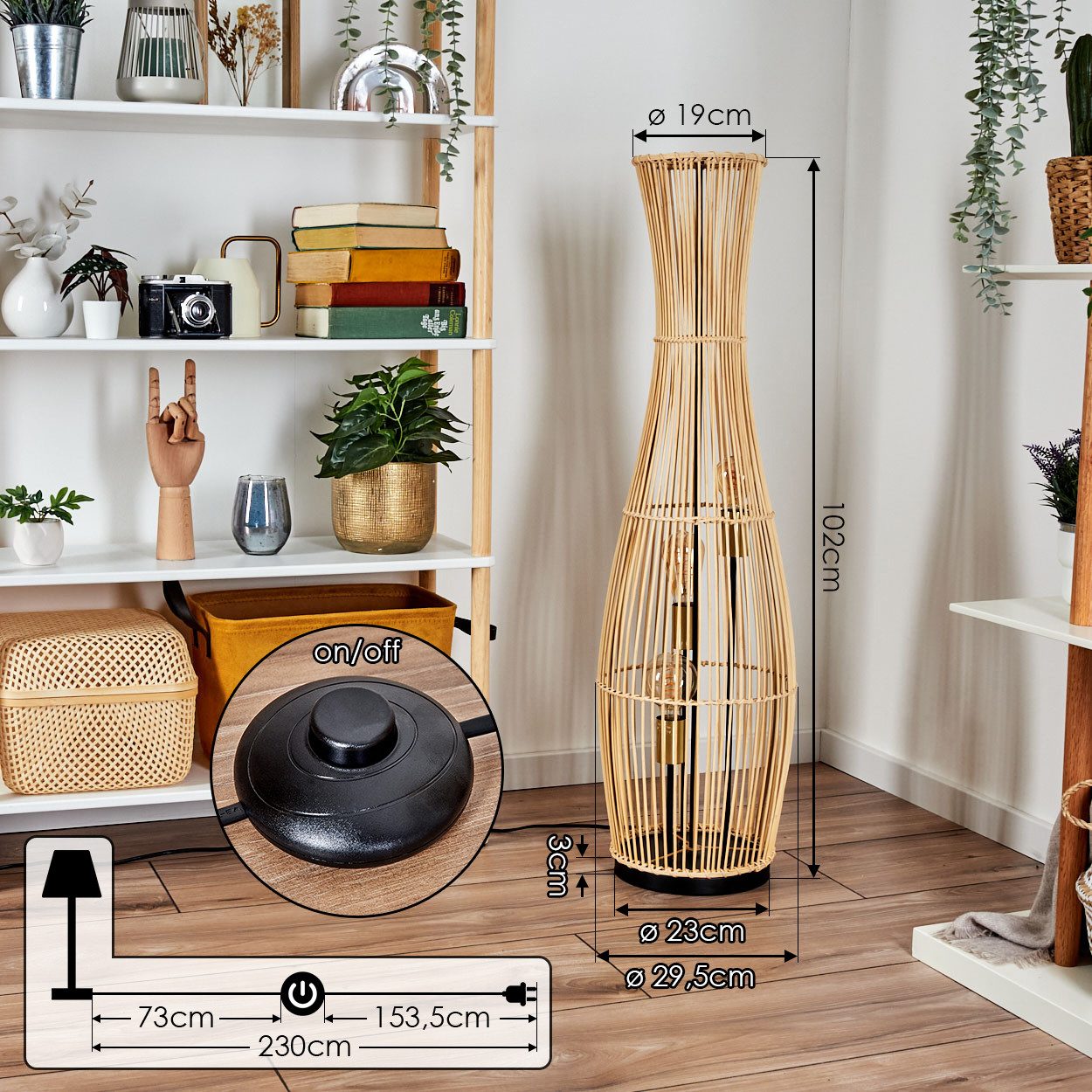 hofstein Stehlampe moderne Stehleuchte aus Metall/Bambus in Schwarz/Naturfarben, ohne Leuchtmittel, mit Fußschalter am Kabel, Ø 29,5 cm, 3 x E27, ohne Leuchtmittel