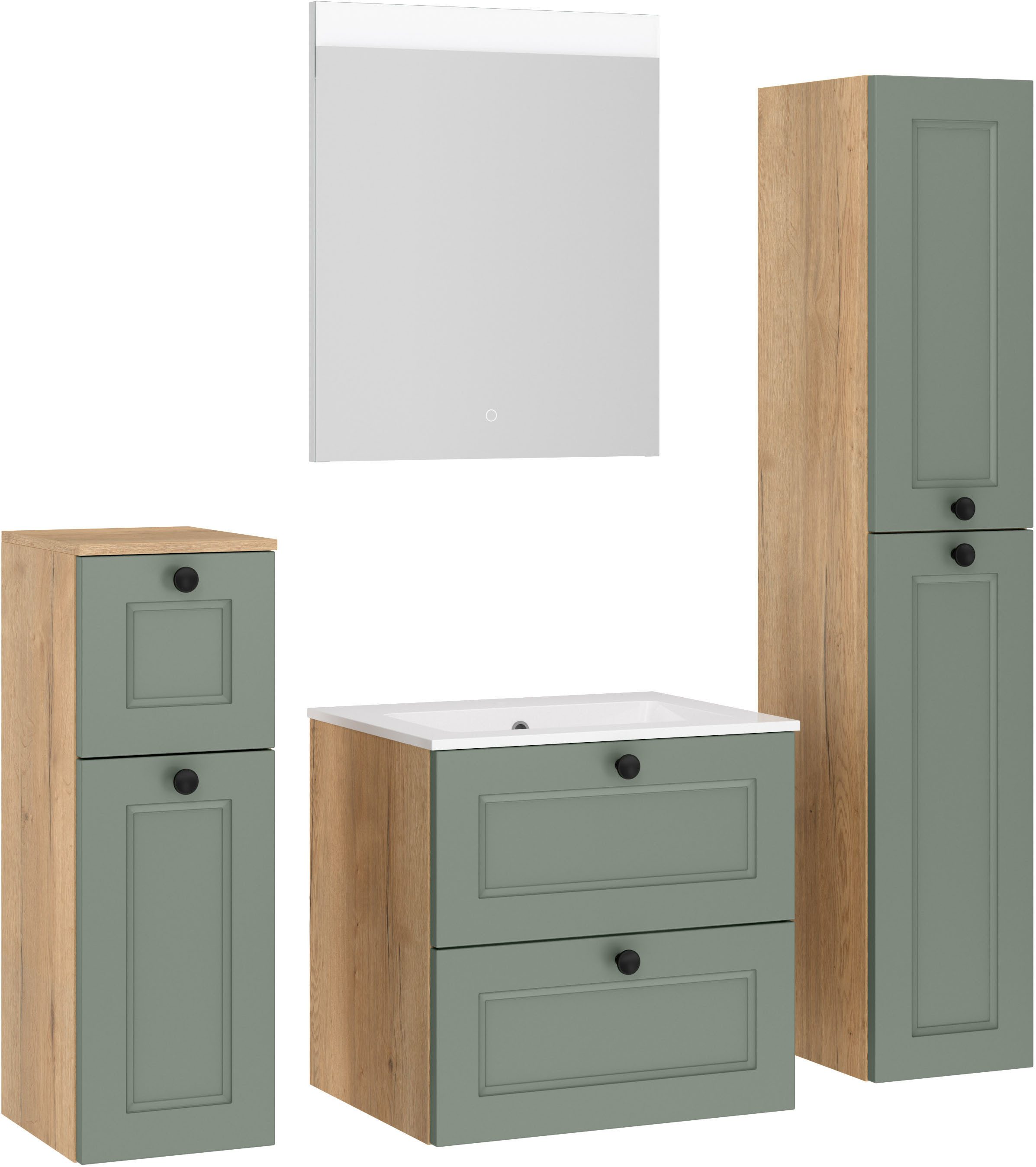 nobilia® Badmöbel-Set Cascada, (Set, 4-St., mit Waschbecken, inkl. beleuchtetem Spiegel mit Touch-Sensor), vormontiert, mit Soft-Close, in vier Breiten