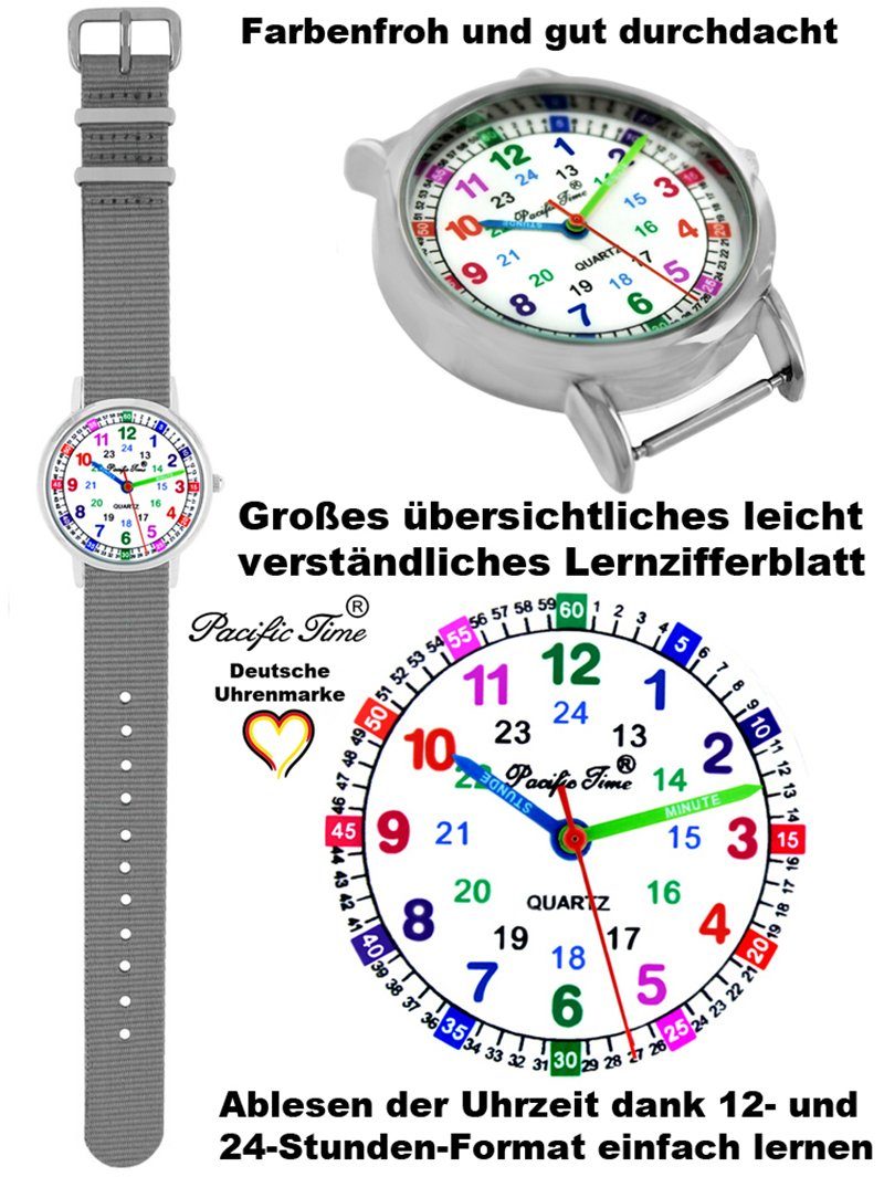 Design Armbanduhr Pacific Quarzuhr Wechselarmband, - Gratis Reflektor und Set Lernuhr Match Versand und Time grau gelb Kinder Mix