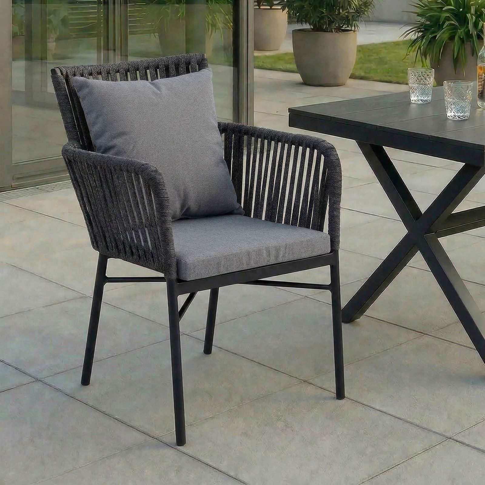 IDIMEX Gartenstuhl AFUERA (6 St), wetterfeste Terassenstühle mit Rope und Kissen modern Schwarz/Grau