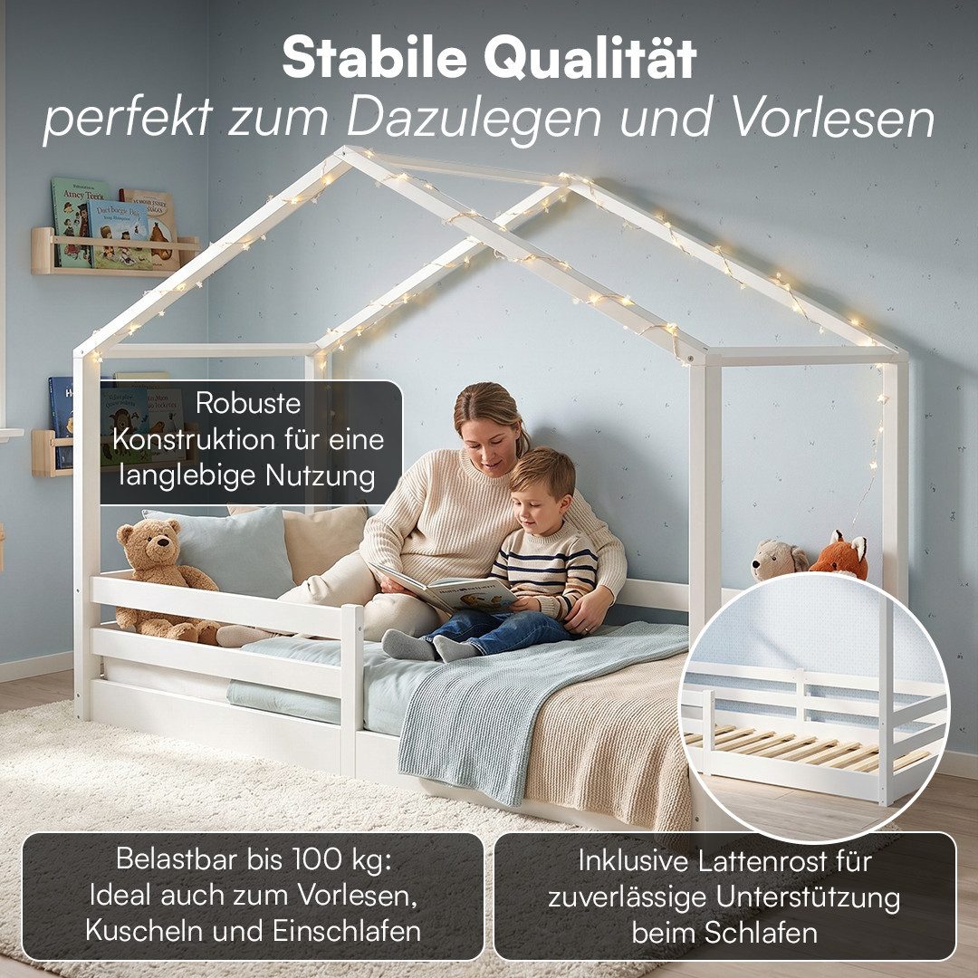 Bellabino Hausbett Abia Kinderbett mit Lattenrost und Rausfallschutz (weiß, optional mit Matratze), Bodenbett 90x200 cm, verfügbar in verschiedenen Ausführungen