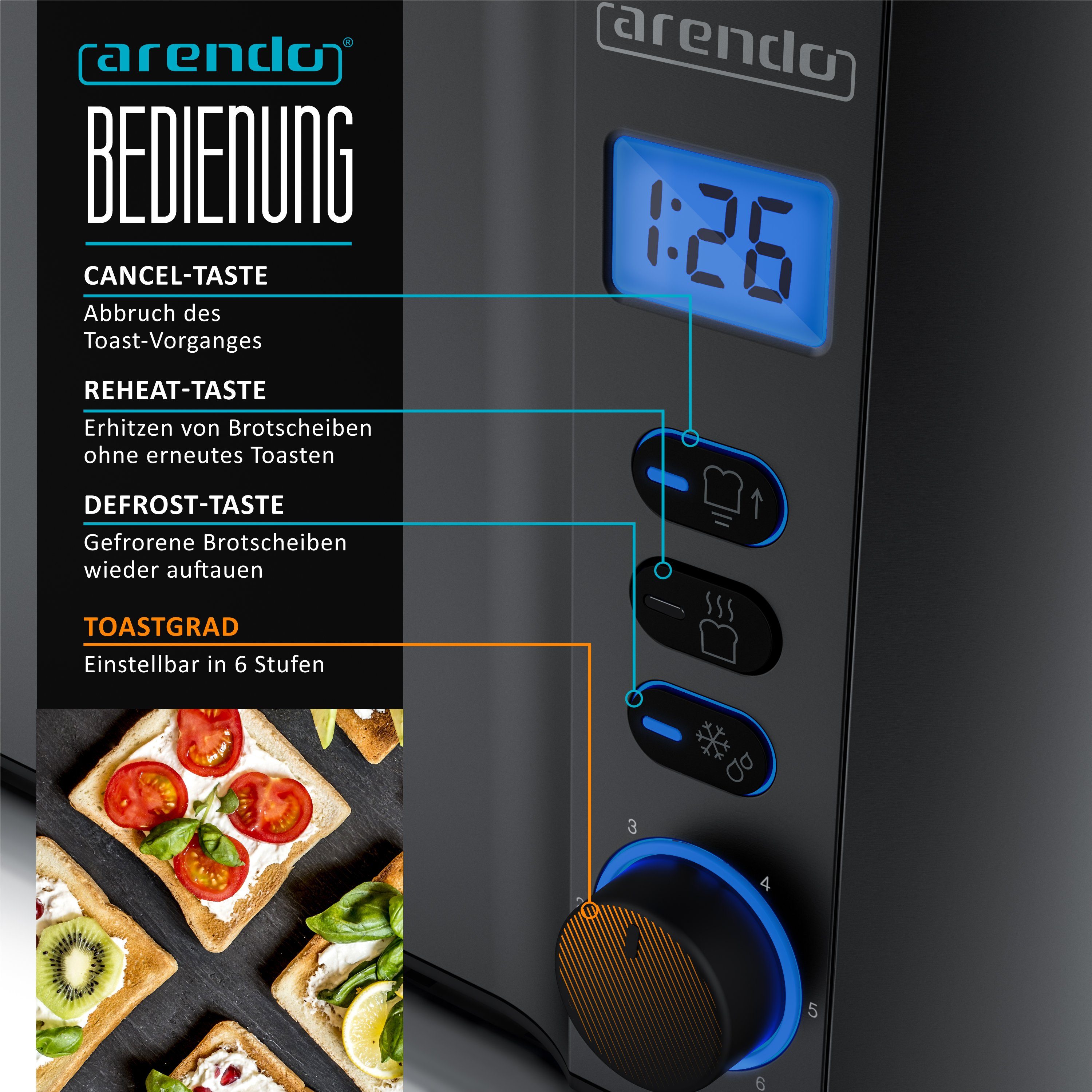 Arendo Toaster Display mit Restzeitanzeige, Edelstahl, Langschlitz, Krümelschublade, 2 lange Schlitze, für 4 Scheiben, 1500 W, Defrost Funktion, Wärmeisolierendes Gehäuse, mit Brötchenaufsatz