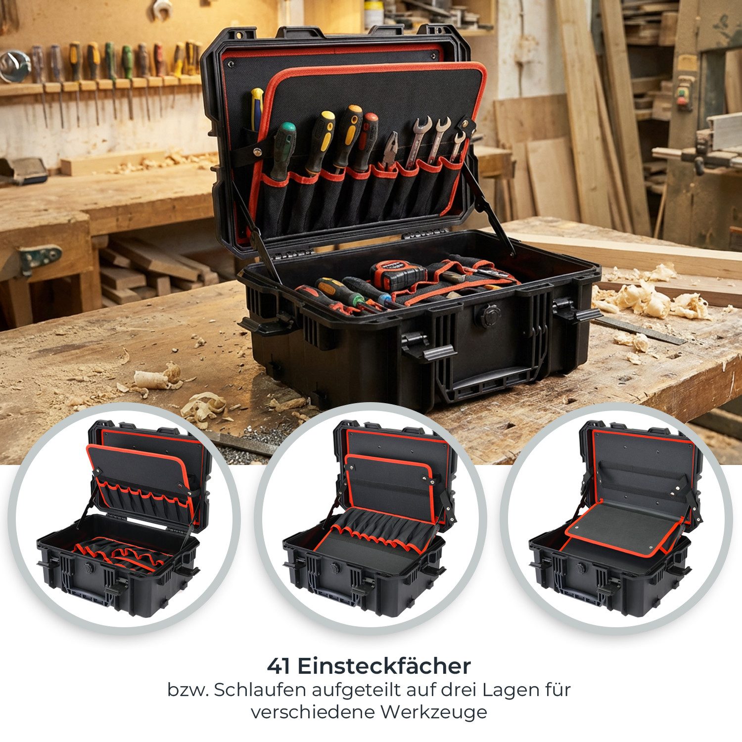 HMF Werkzeugkoffer 15603-02 Outdoor Werkzeugkoffer leer, Werkzeugkasten groß, 46,5 x 36 x 20,5 cm, Schwarz