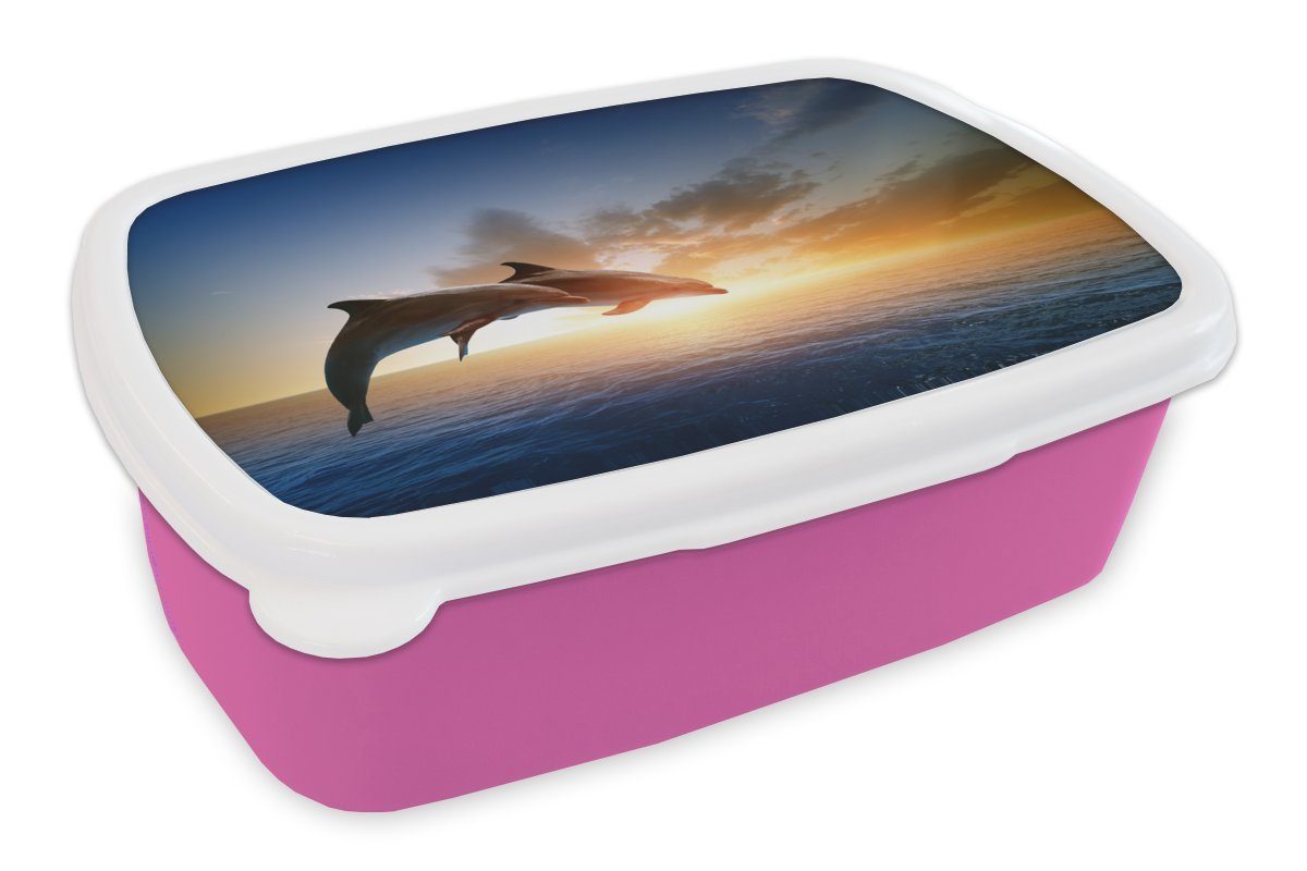 MuchoWow Lunchbox Zwei Delphine springen ins Wasser, Kunststoff, (2-tlg), Brotbox für Erwachsene, Brotdose Kinder, Snackbox, Mädchen, Kunststoff rosa