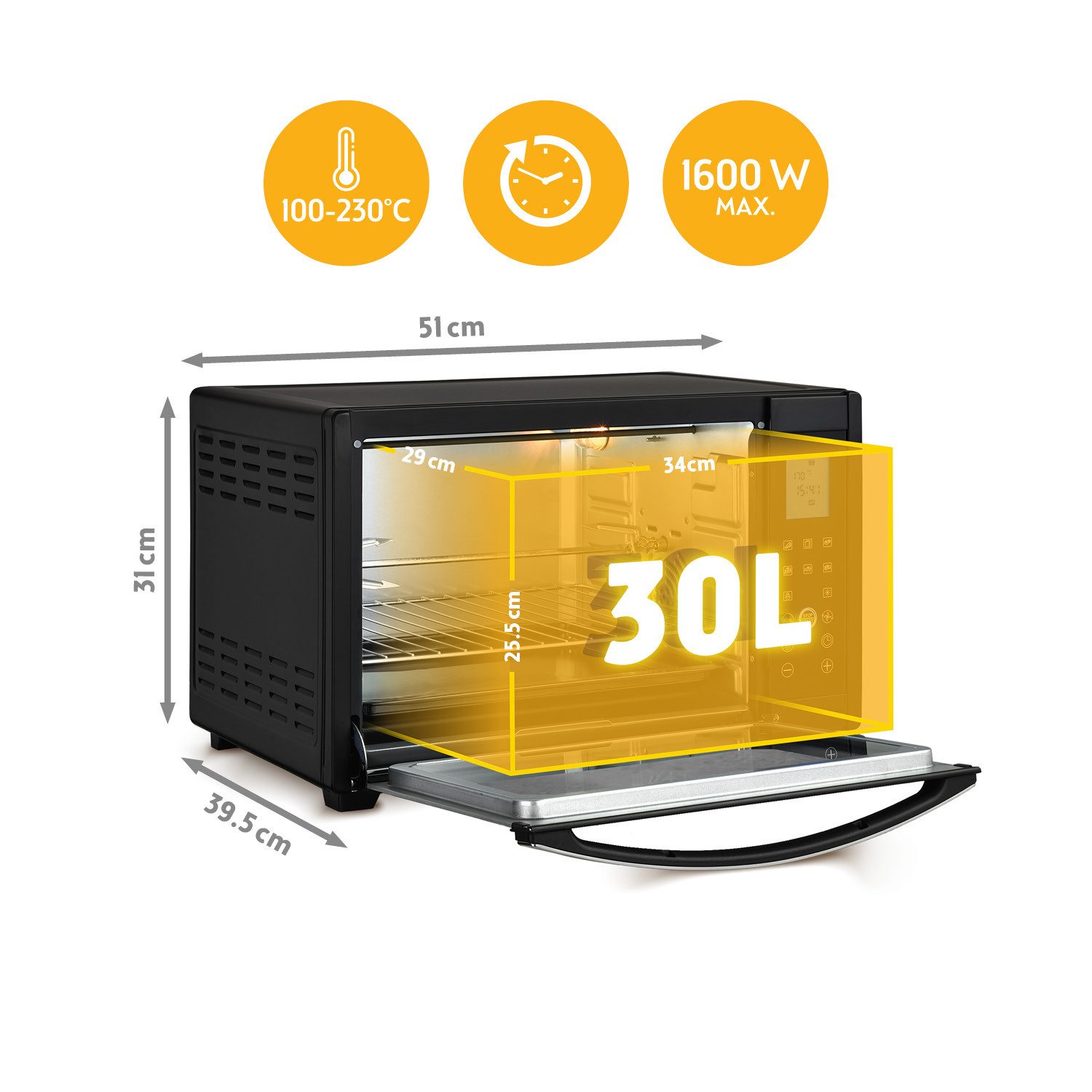 TZS FIRST AUSTRIA Minibackofen 30L, 1600 W, Digitalanzeige, Elektroofen, Pizzaofen, für den Tischgebrauch, Backen & Grillen, inkl. Drehspieß