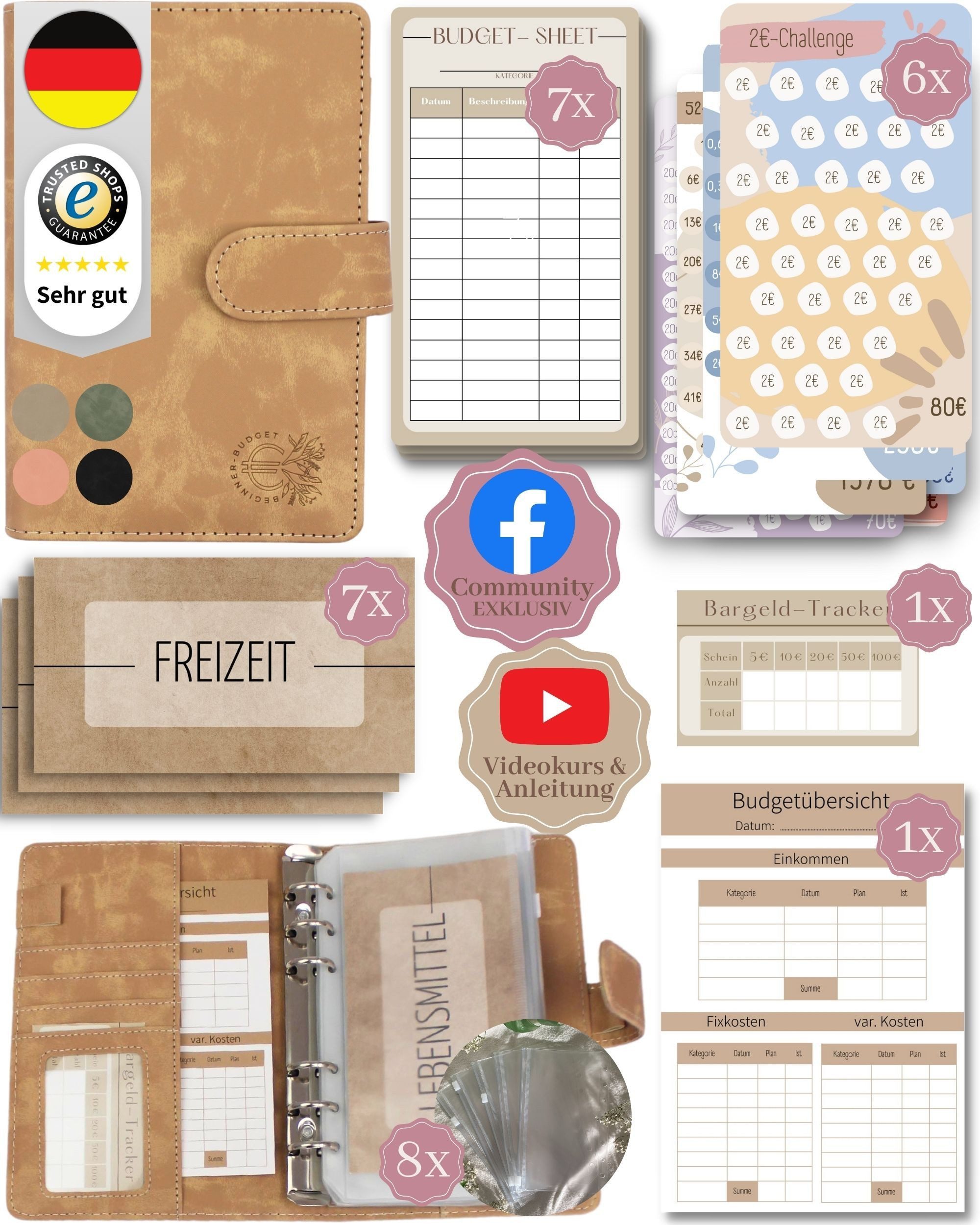 BeginnerBudget Ringbuchmappe Budgetplaner Starter-Set Sparbuch zum Geld Sparen + Spar-Challenges, Sparen mit Umschlagmethode + Anleitung - Ringbuch - Binder A6