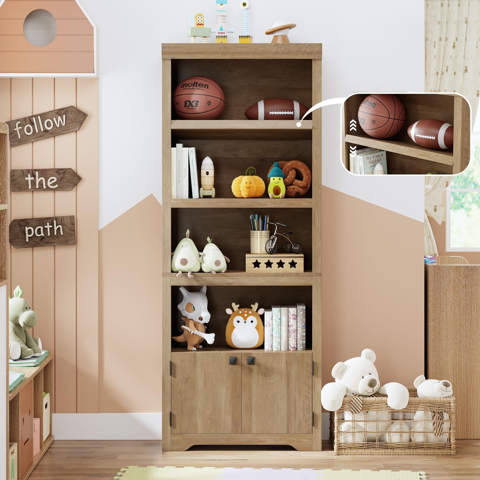 GarveeMore Bücherregal 5-stöckiger Bücherschrank mit 2 Türen, verstellbare Einlegeböden, wasserdichte Oberfläche, multifunktionales Standregal mit Kippschutz – Bild 3 von 5
