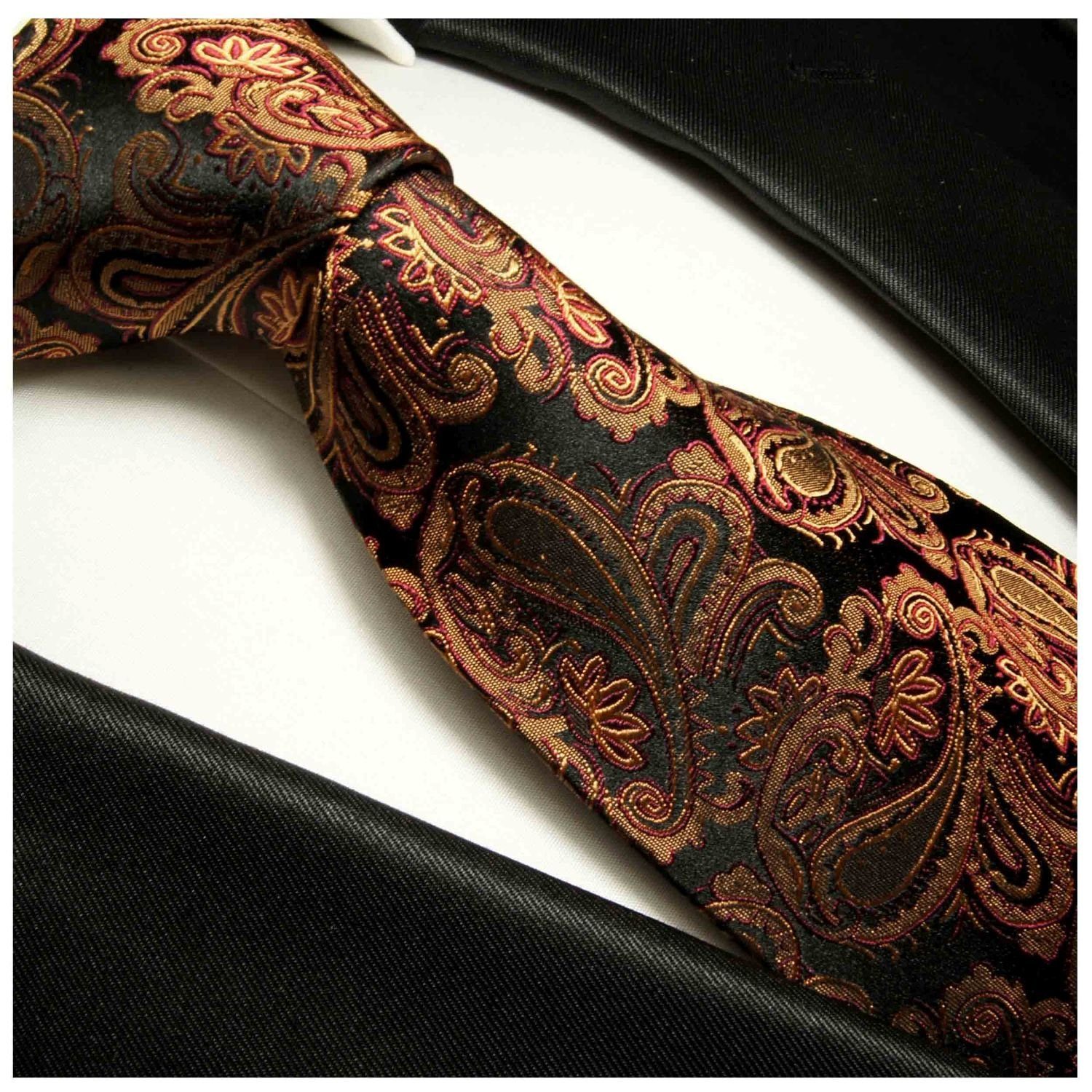 Paul Malone Krawatte Herren Tuch brokat braun Einstecktuch) Seidenkrawatte 100% schwarz Seide modern 2-St., (8cm), (Set, rot Breit Krawatte paisley mit 630 mit