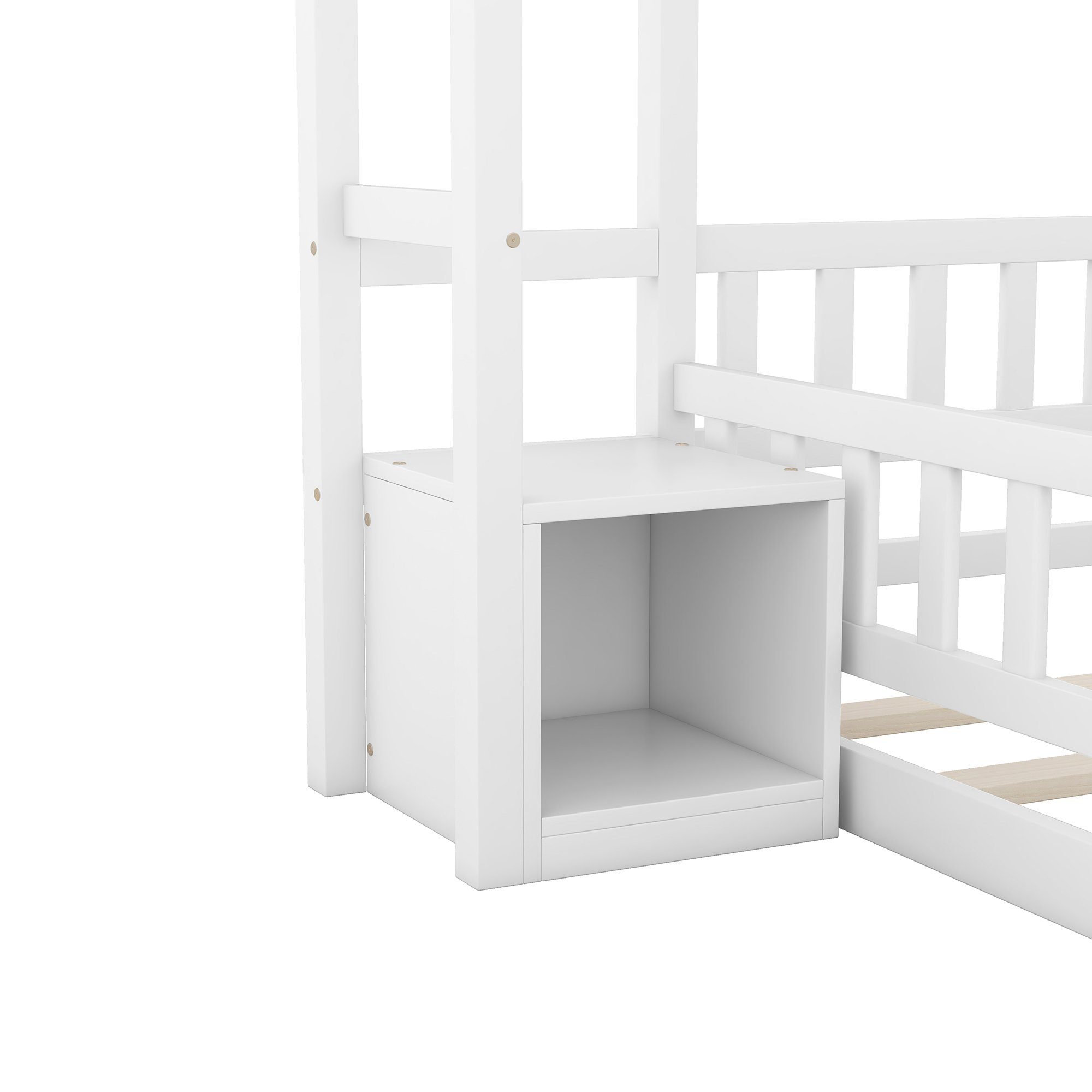 Merax Holzbett, und Nachttisch Rausfallschutz, cm, Kinderbett Hausbett Weiß mit 140x200