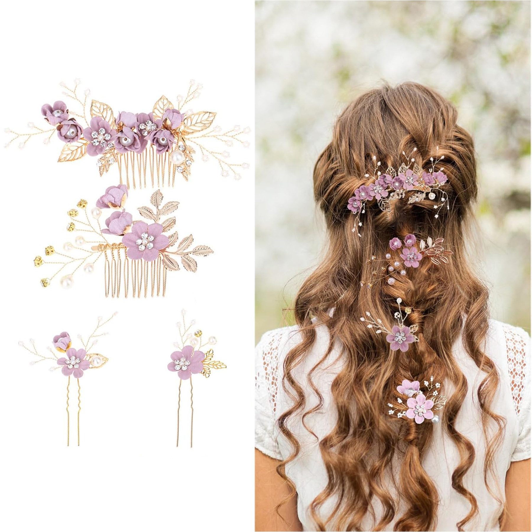 Keyura Haarnadeln 4er-Set Hochzeits-Haarschmuck für Damen, elegante Braut-Haarnadeln mit Blumenmotiven, für Bräute Brautjungfern, Frauen und Mädchen