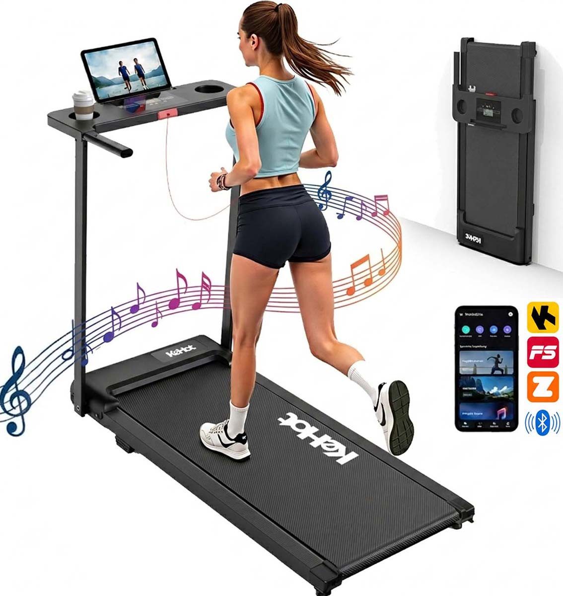 kehot Laufband Klappbares Laufband für Zuhause – 1–12 km/h & 2,5 PS Motor (Leises Homegym Laufband mit Stoßdämpfung bis 136 kg, Bluetooth App & 12 Trainingsprogramme für Cardio Training), Platzsparendes Laufband für Walking & Jogging Zuhause