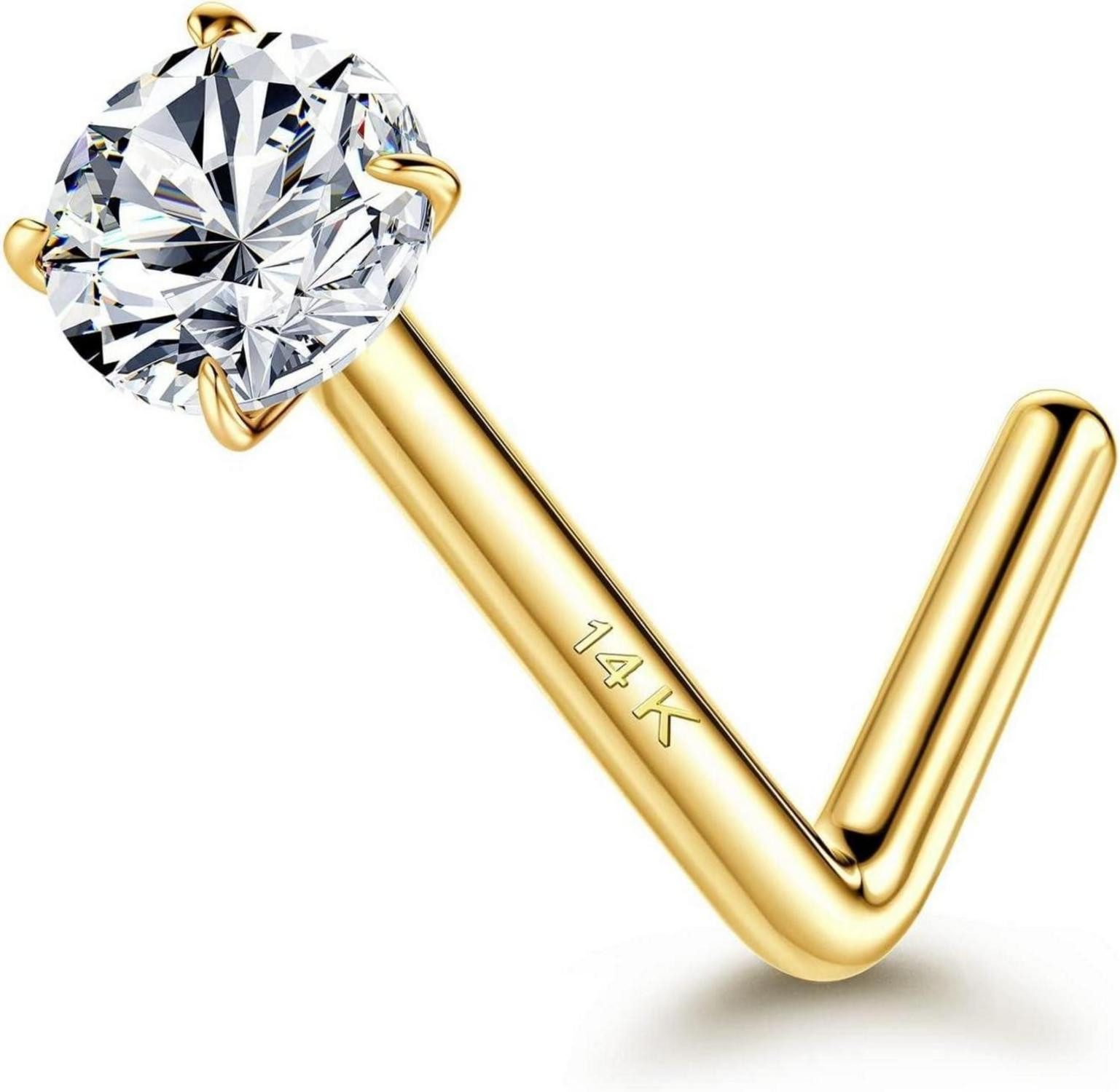 Nasenpiercing 14K Gold Nasenpiercing L-förmiger Nasenstecker 20G mit Diamant CZ