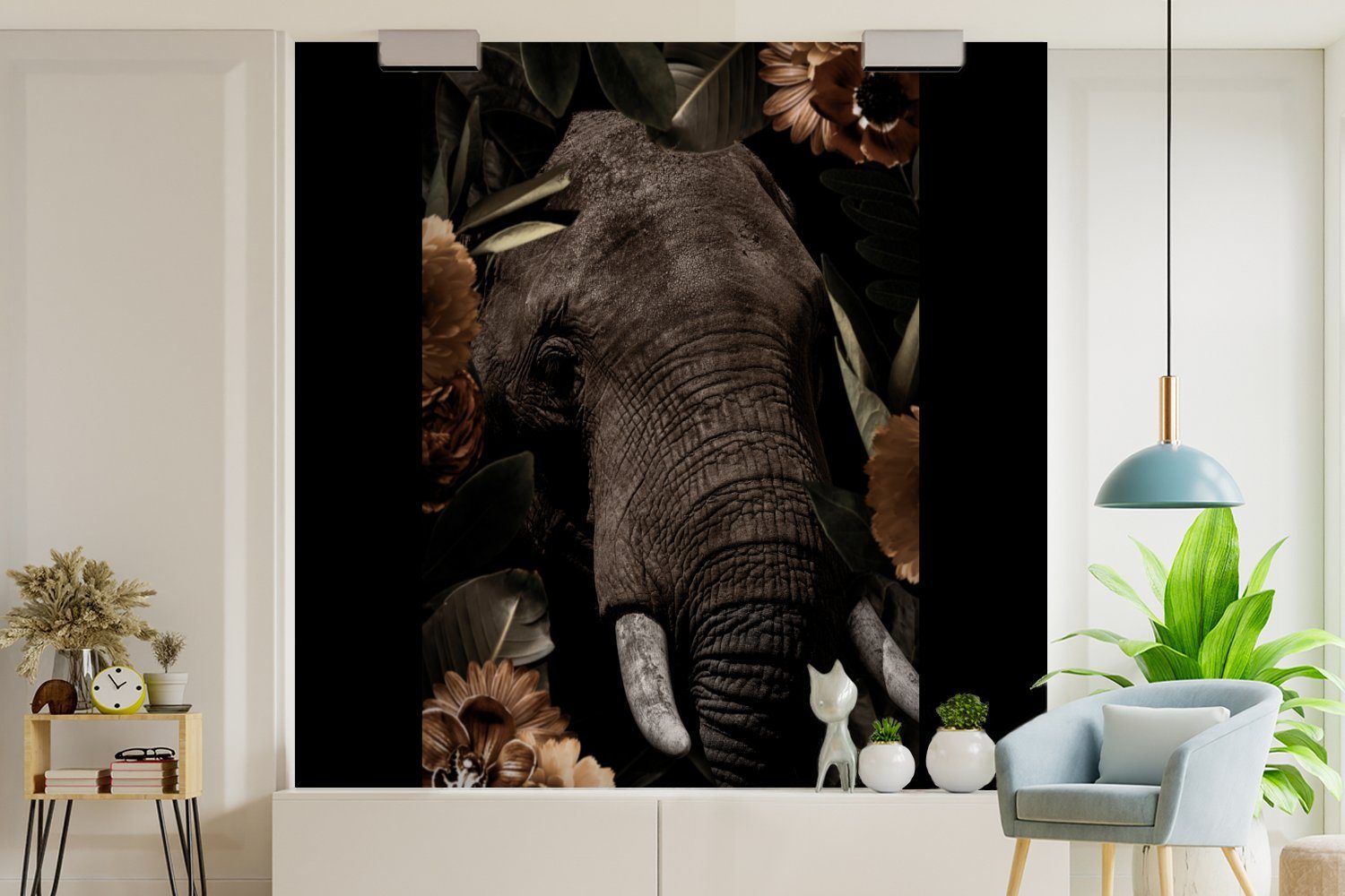 MuchoWow Matt, Wohnzimmer Fototapete Elefant bedruckt, (5 St), Vinyl Blätter, oder Wandtapete Tiere - - Schlafzimmer, Tapete für Blumen -