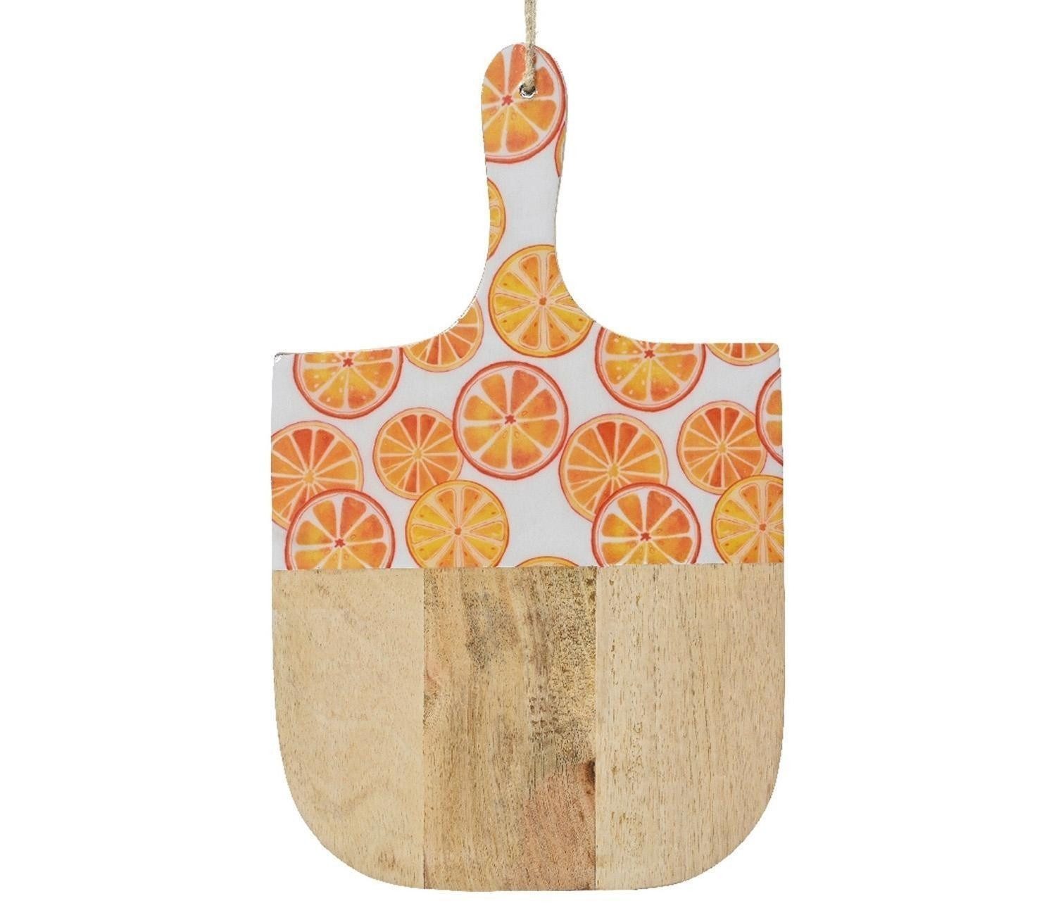 Kaemingk Tablett Dekobrett ORANJE, 38,5 x 24 cm, Braun, mit Griff, Mangoholz, mit Orangen in weiß und orange verziert