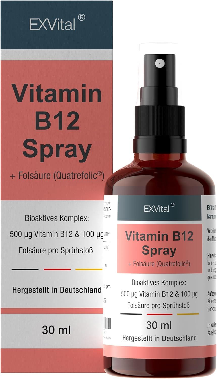 Vitamin B12 Spray 500µg + 100µg Quatrefolic Folsäure pro Sprühstoß Spray, 30 ml