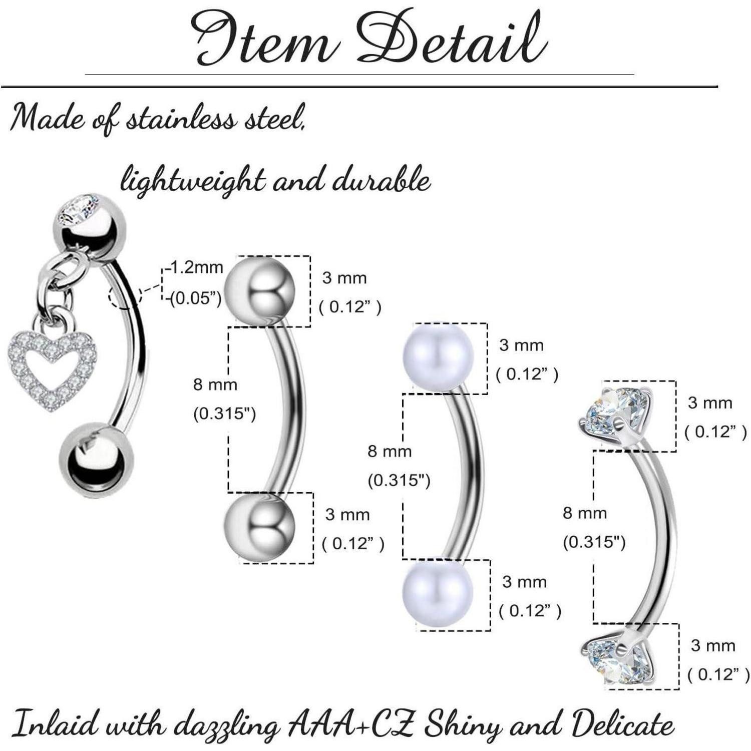 Besyvvin Augenbrauenpiercing Curved Barbell Piercing Augenbraue Lippe Helix Rook 8mm 1,2mm Stahl