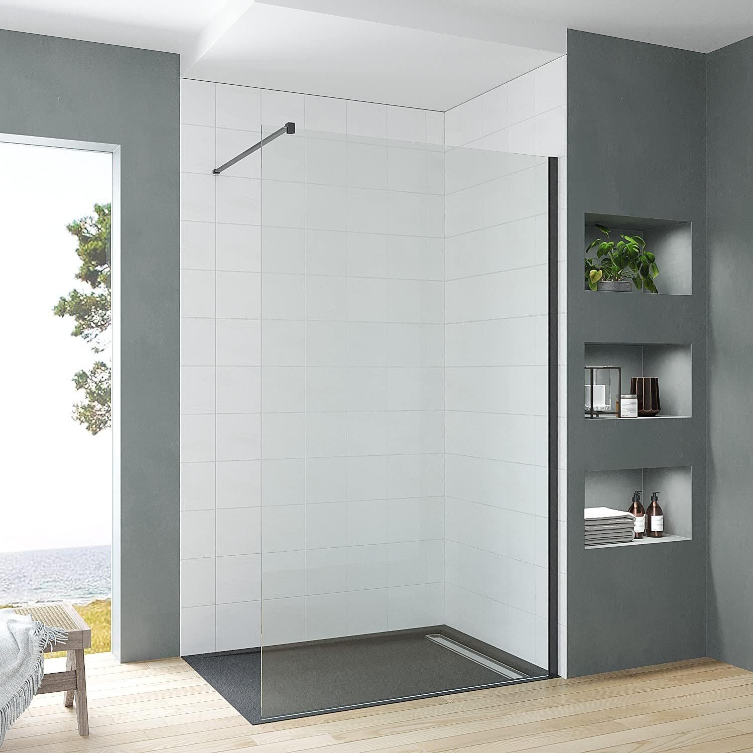 Walk-in-Dusche Duschabtrennung schwarz matt Duschwand Glas Duschtrennwand walk in