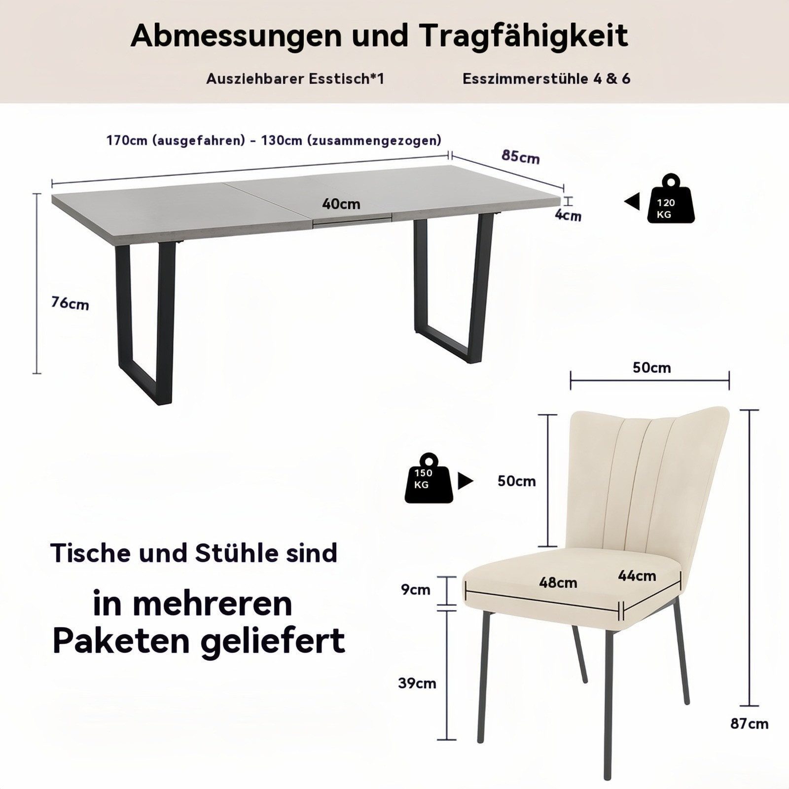 Jiexi Essgruppe Tisch-und Stuhlset, Ausziehbarer Esstisch (130–170 cm) mit 4-6 Stühlen – Bild 2 von 5