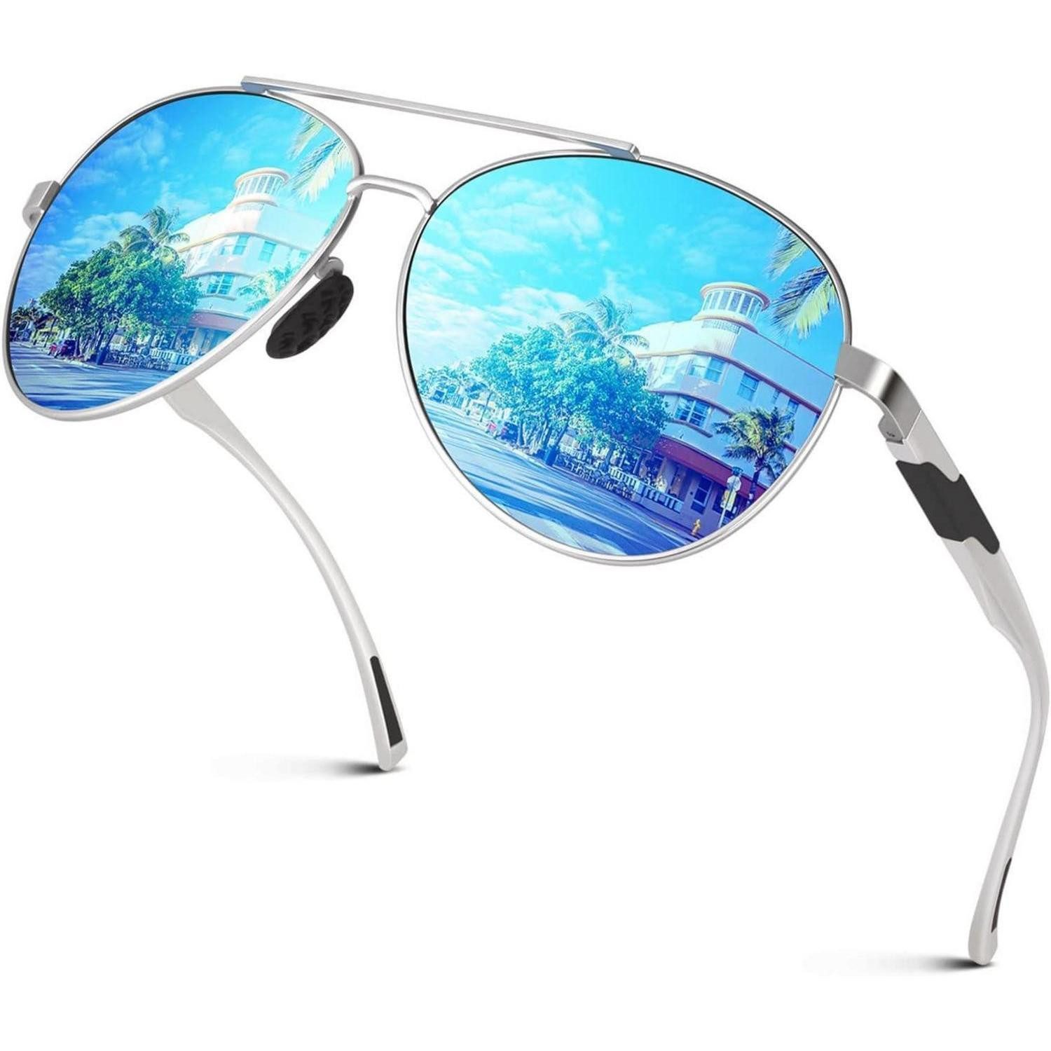 LuxusKollektion Pilotenbrille Pilotenbrille Sonnenbrille Polarisiert UV400 Silber Rahmen Blau Linse