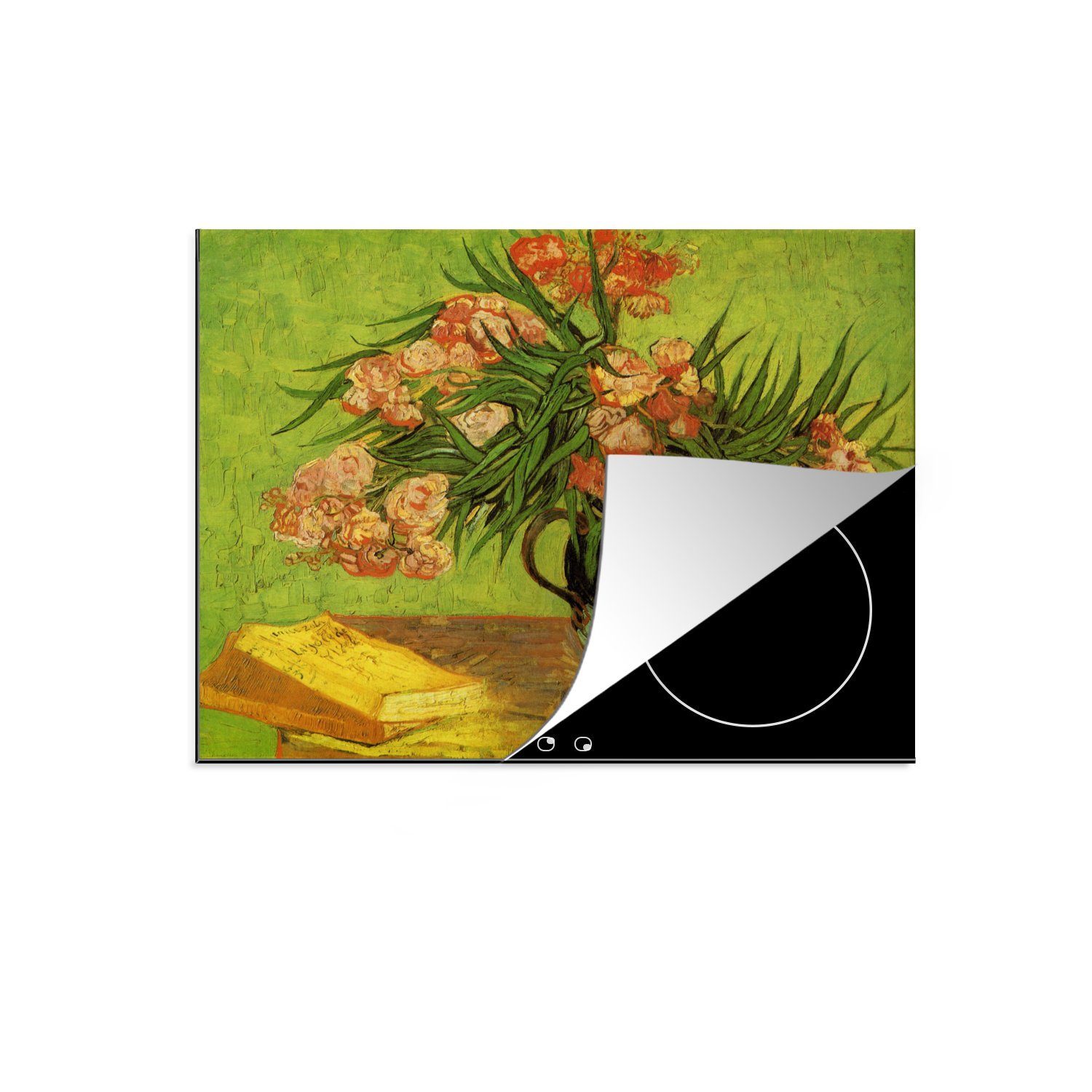 MuchoWow Herdblende-/Abdeckplatte Stillleben Vase mit Oleander und Büchern - Vincent van Gogh, Vinyl, (1 tlg), 59x52 cm, Ceranfeldabdeckung für die küche, Induktionsmatte