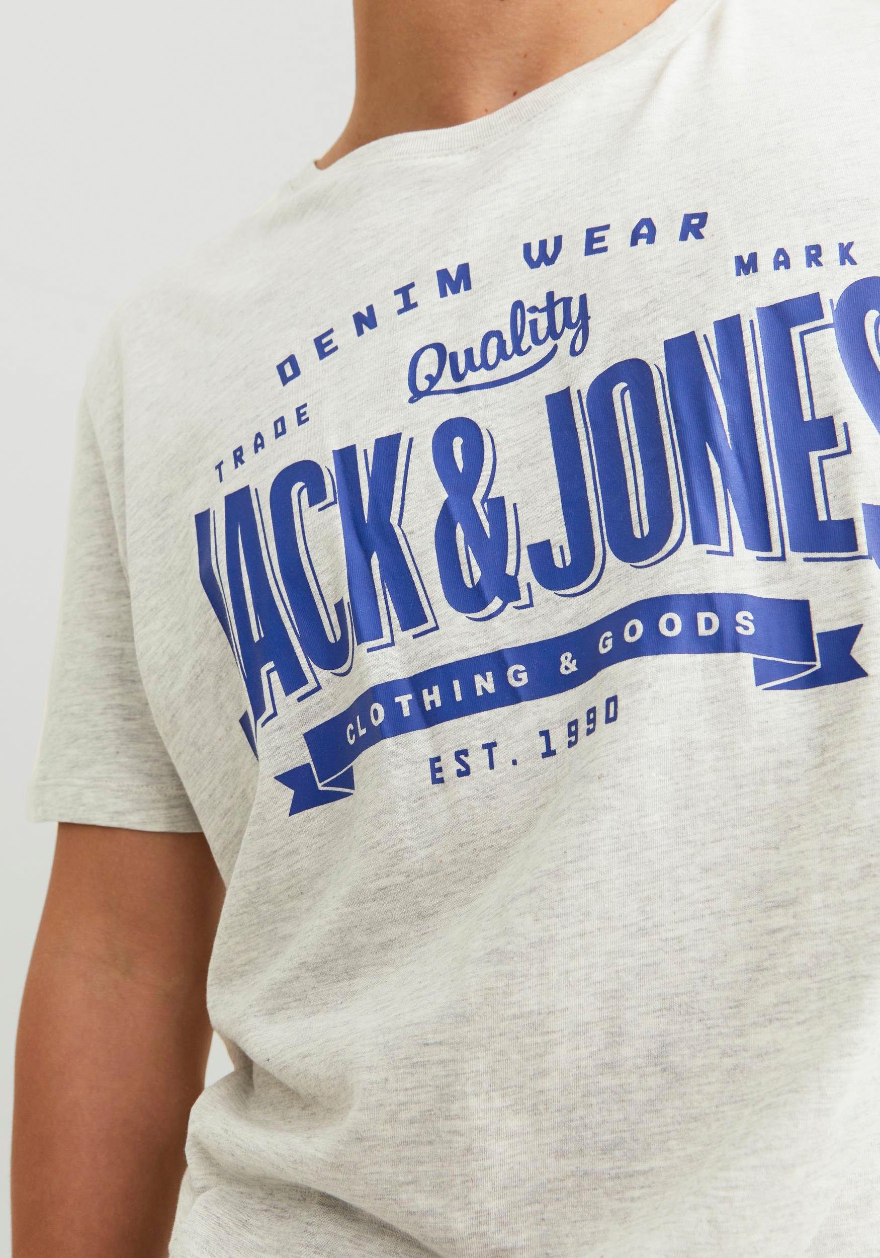 White Jones Melange Jack & SS AW23 SN JJELOGO MEL 1 O-NECK COL Print-Shirt TEE