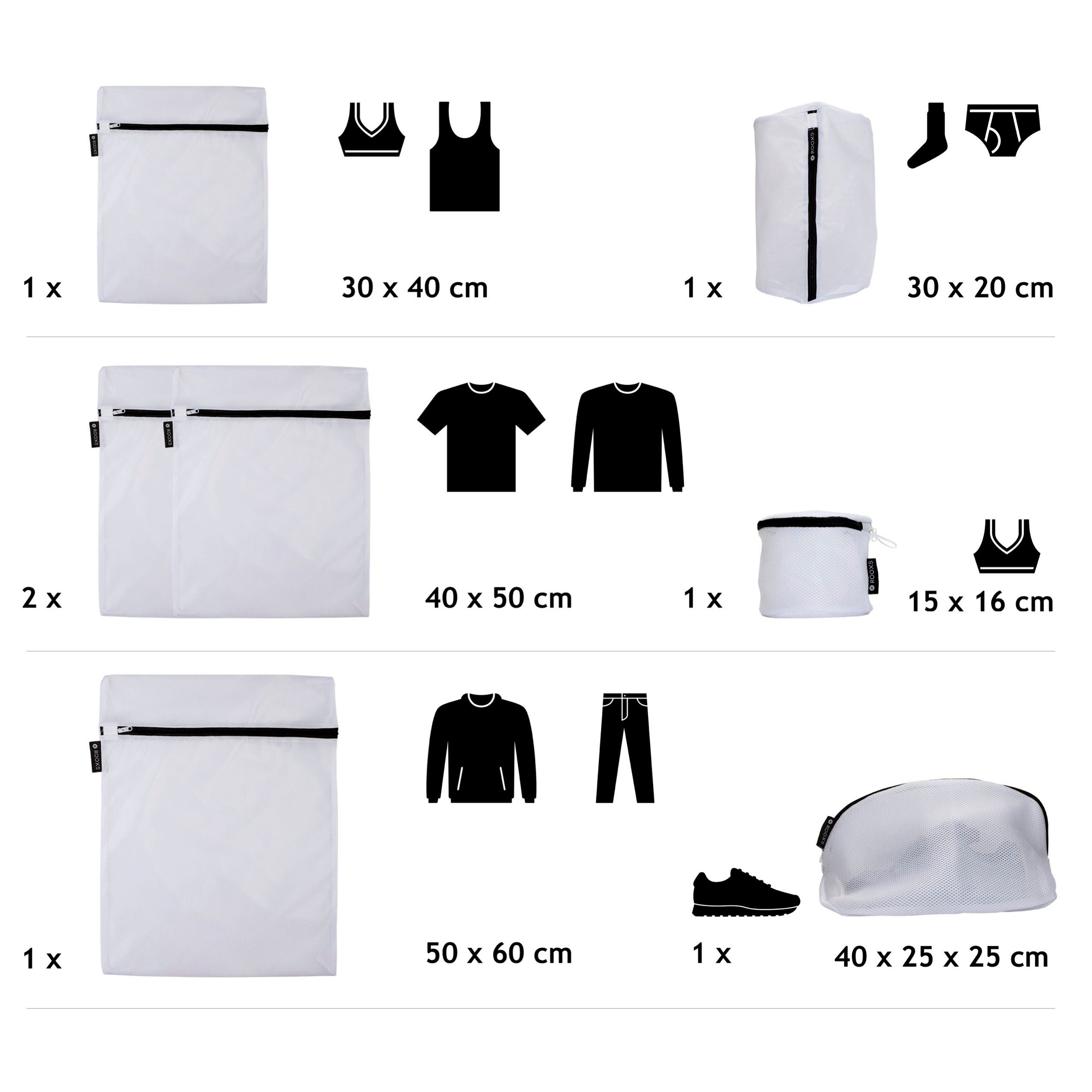 ROOXS Wäschenetz Profi Wäschenetze,(Wäschesäcke, Reißverschluss robuster für Waschmaschine Trockner), und 7-St