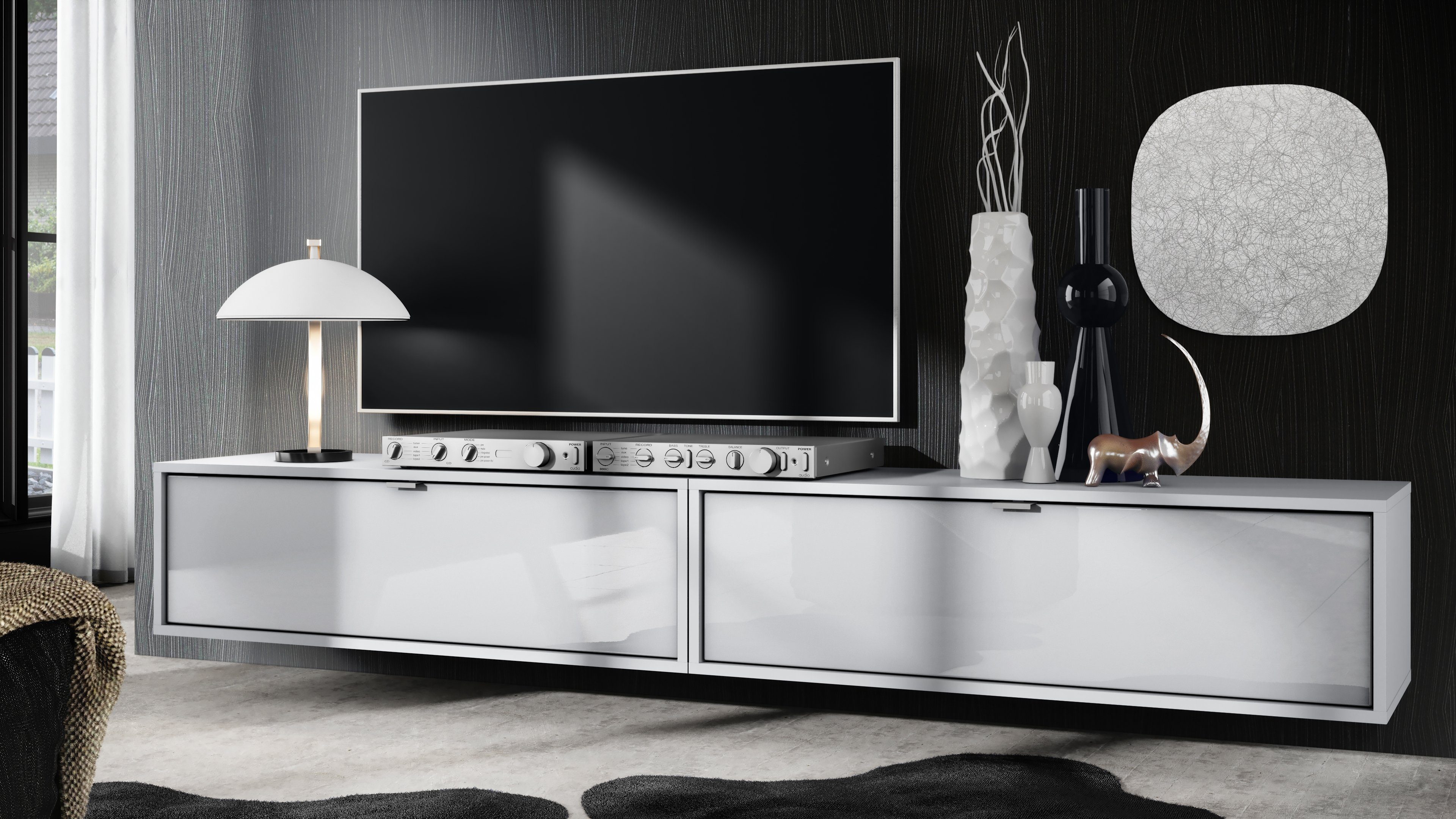 Vladon Lowboard Lana 1000 (2er-Set Tv-Kommode, mit Klappe), Weiß matt/Weiß Hochglanz (100 x 29 x 37 cm)