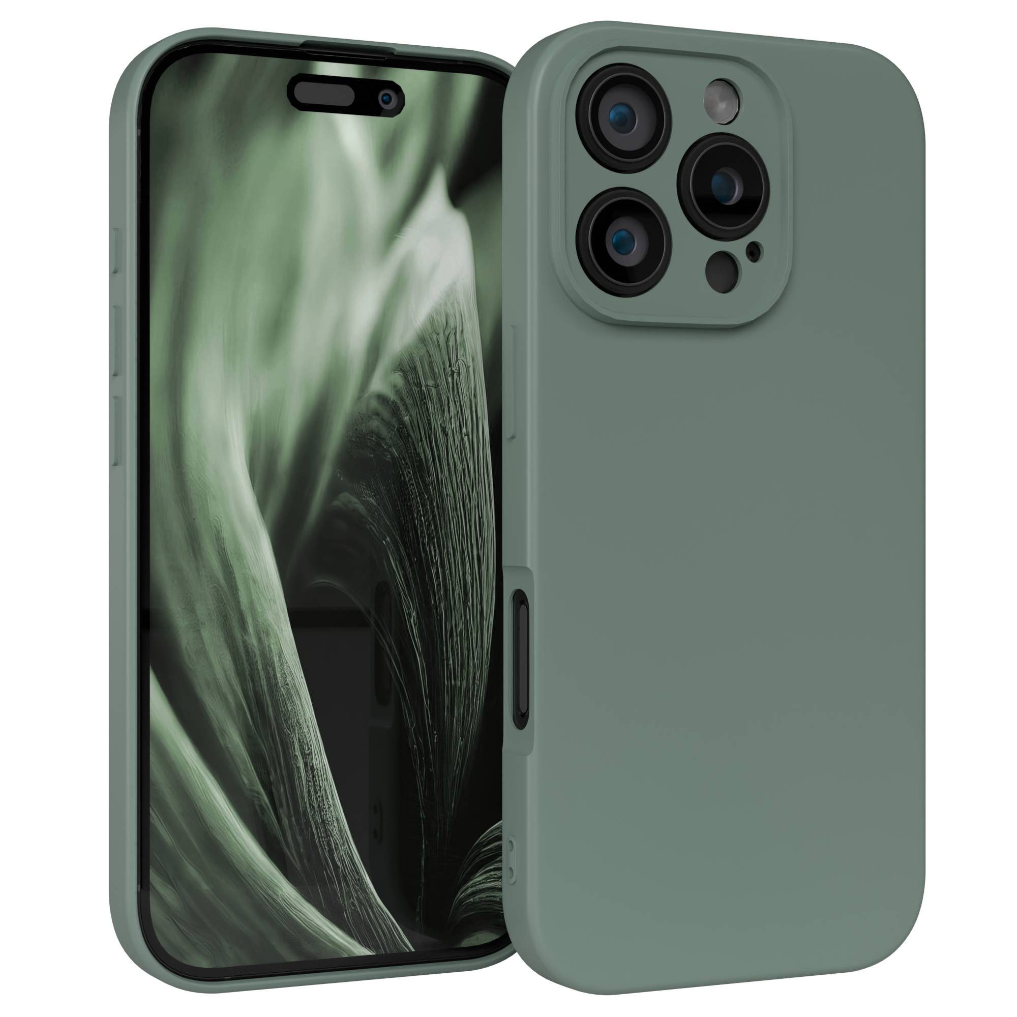 EAZY CASE Handyhülle für Apple iPhone 16 Pro Hülle Silikon 6,3 Zoll, Schutzhülle mit Kameraschutz stoßfest telefonhülle Matt Dunkelgrün