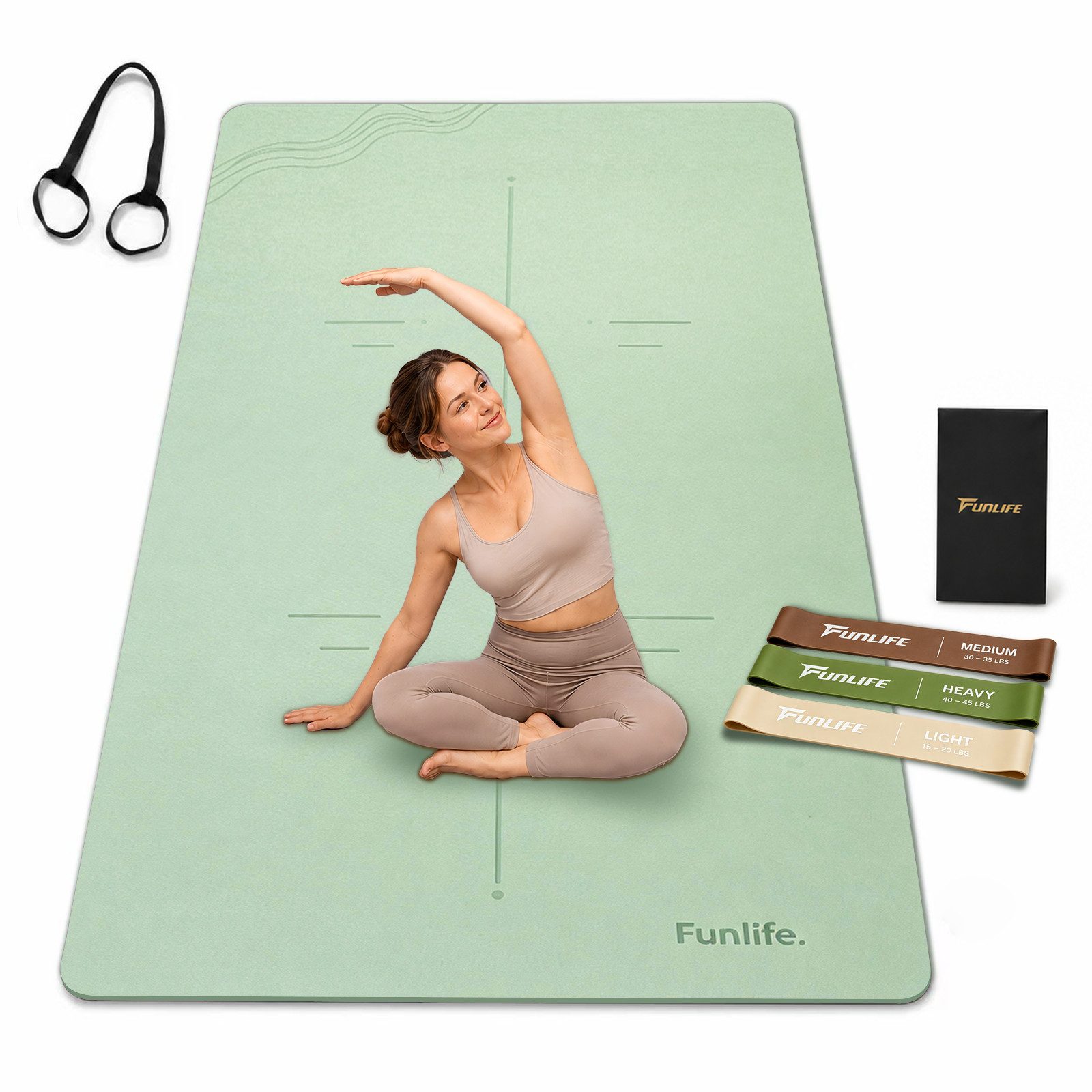 FunLife Yogamatte EXTRA WIDE 80 CM – einzeln oder mit 3 Widerstandsbändern (Set, Yogamatte, Tragegurt), extra breit, 8 mm gepolstert, rutschhemmend