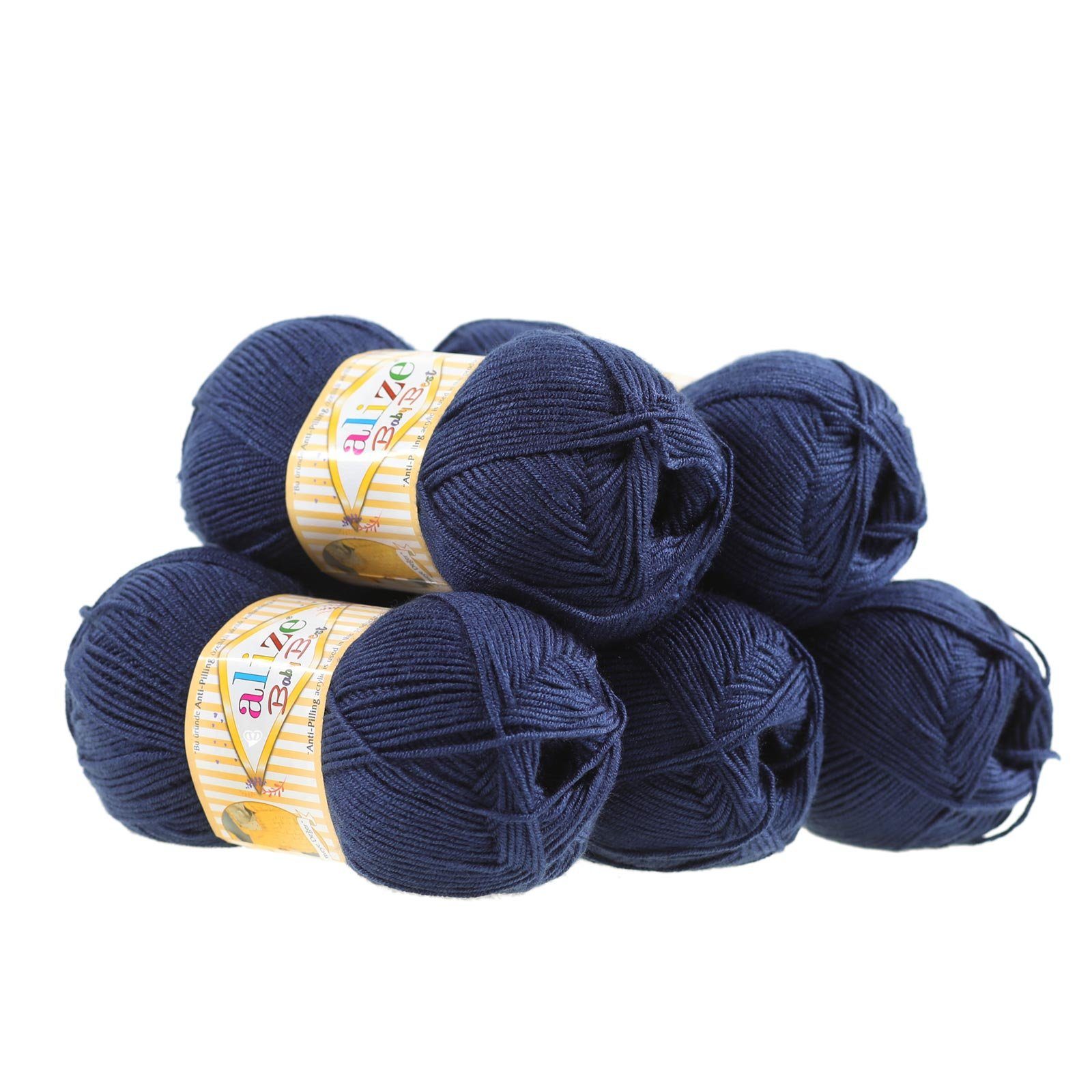 Alize 5 x 100g Strickgarn ALIZE Baby Best uni Babywolle Wolle Antipilling Häkelwolle, 240 m (Sparpaket), 58 navy blau