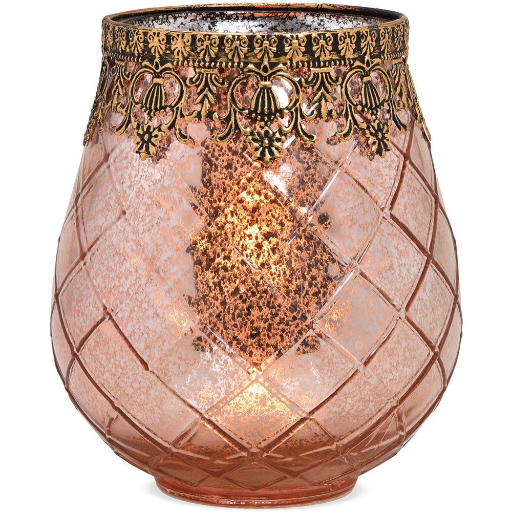 matches21 HOME & HOBBY Kerzenhalter Vintage Kerzenglas als Windlicht Laterne rot gold in 15 x 18 cm, Moderner Glas Kerzenhalter als Wohnzimmer Balkon Hochzeit Tisch-Deko