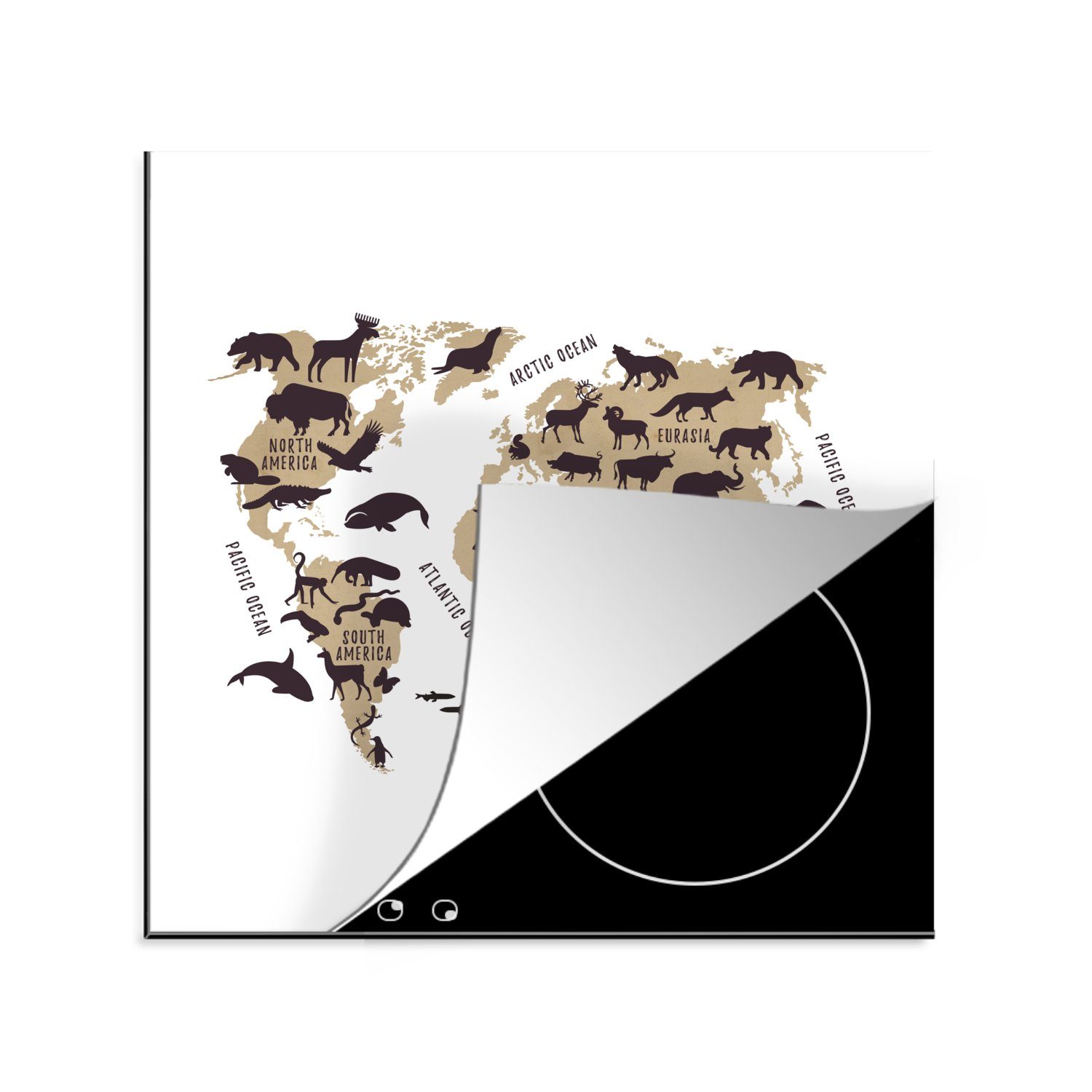 MuchoWow Herdblende-/Abdeckplatte Weltkarte Kinder - Braun - Weiß, Vinyl, (1 tlg), 78x78 cm, Ceranfeldabdeckung, Arbeitsplatte für küche