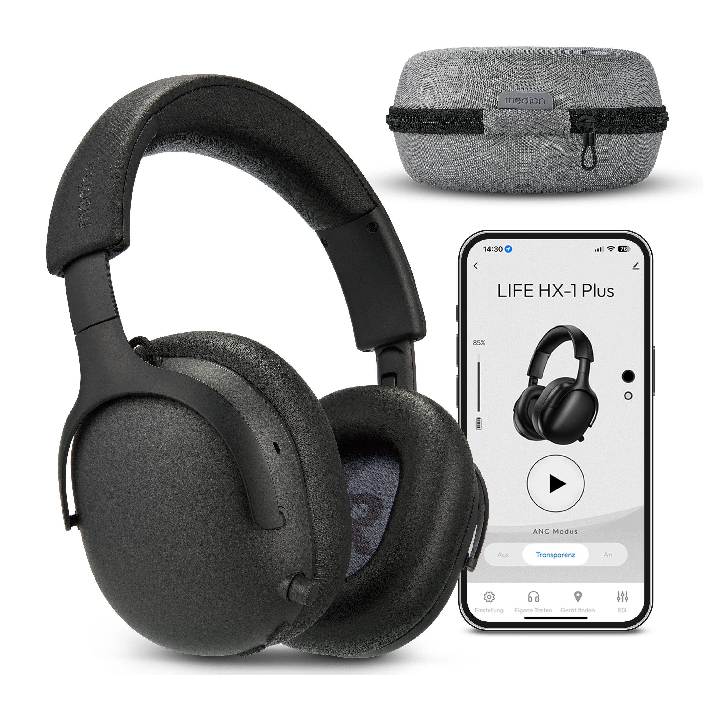 Medion® LIFE HX-1 Plus Over Ear-Kopfhörer (MD43771) Kopfhörer (An/Aus Anzeige, Austauschbare Ohrpolster, AUX-Eingang, Bluetooth, Drahtlos, Drehbare Ohrmuscheln, Integrierte Akku, LED-Beleuchtung, Spritzwasserschutz, USB-Ladefunktion, via Wiedergabegerät, A2DP, AVRCP, HSP, HFP, 100 Std. Akku,Noise Cancelling,Bluetooth 6.0,IPX4 Spritzwasserschutz)
