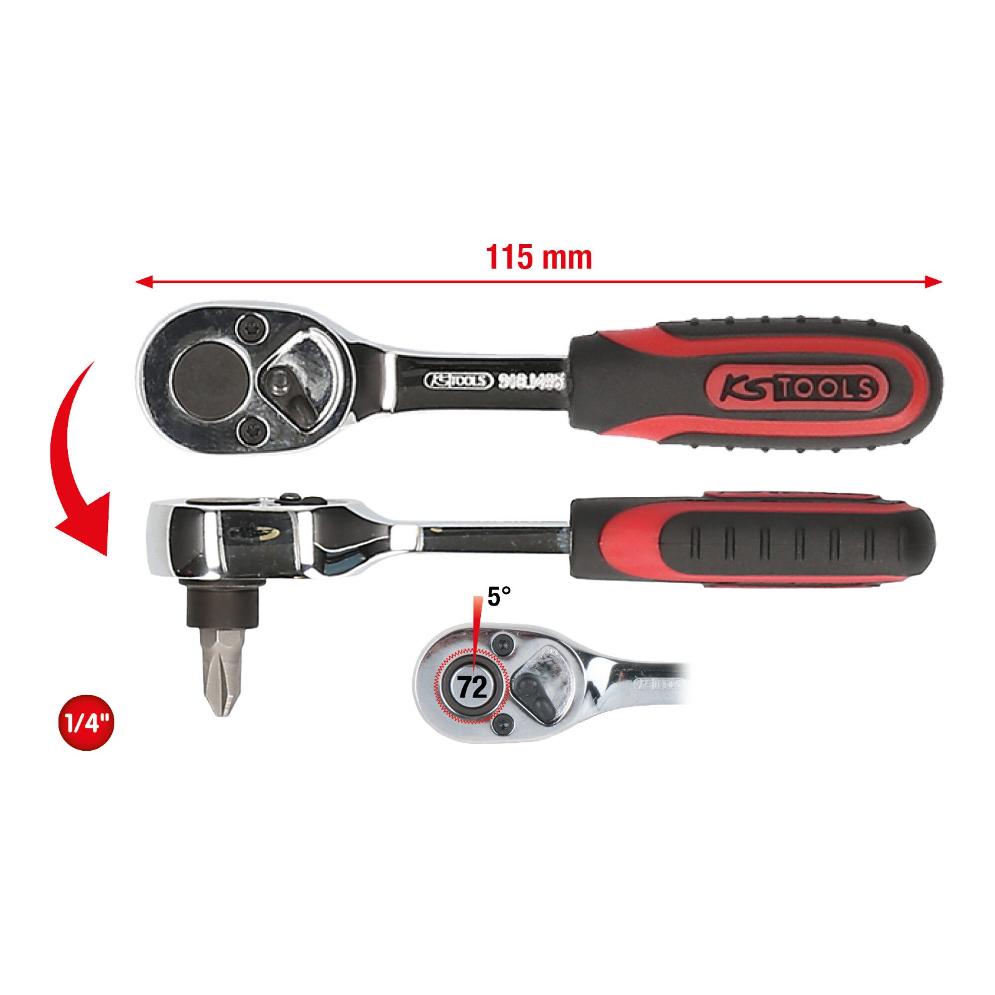 KS Tools Ratsche KS Tools 1/4" CHROMEplus Bit-Umschalt-Knarre, 115mm