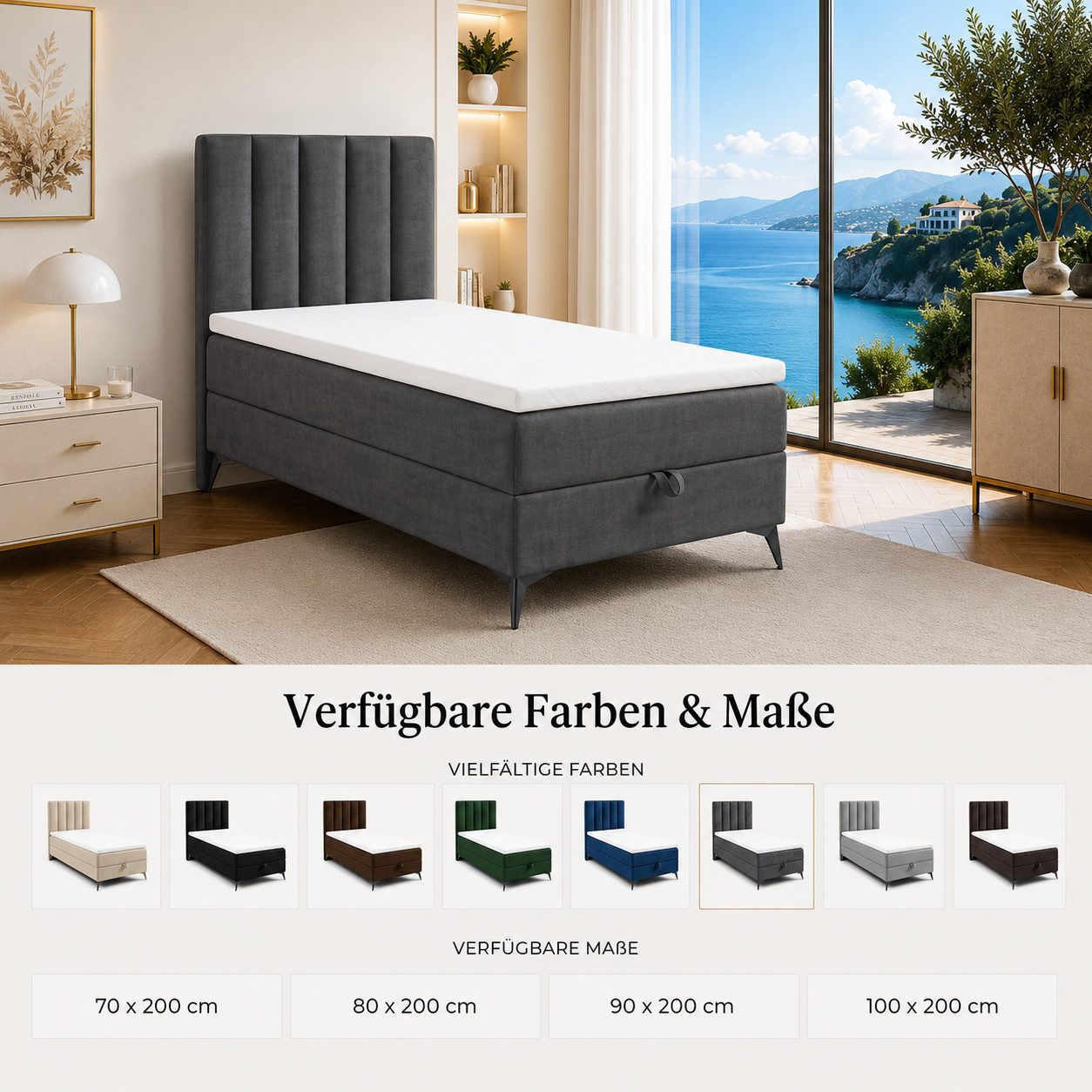 Best for Home Boxspringbett K10 Single SLIM mit Bettkasten & Bonellfederkernmatratze, Topper H3 (Einzelbett, Polsterbett, Kinderbett, Juniorbett, Hotelbett, 70x – Bild 5 von 5
