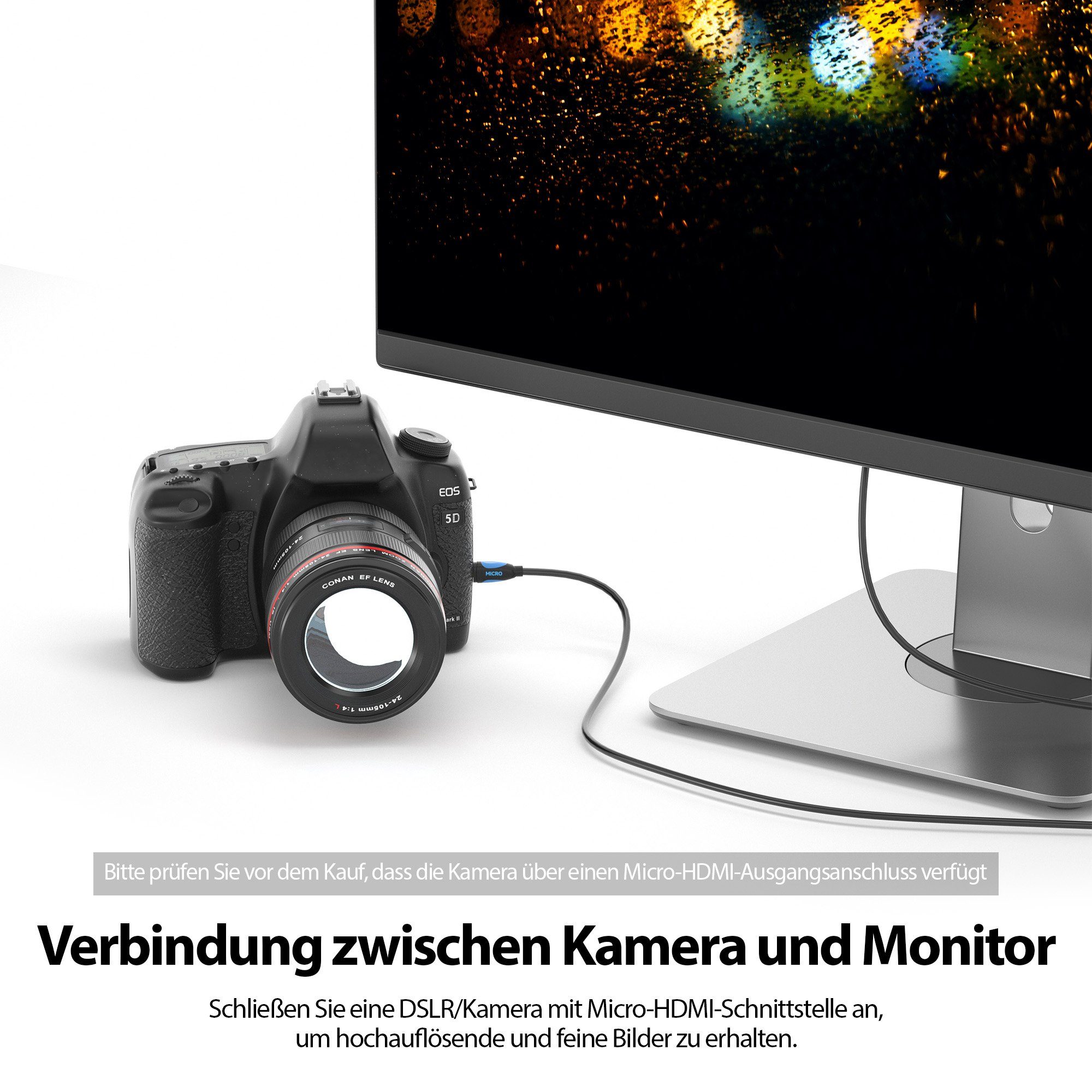 JAMEGA Micro HDMI Kabel 4K High Speed Adapterkabel Kamera GoPro HDMI-Kabel, Micro HDMI Stecker, HDMI Stecker, (150 cm) – Bild 3 von 5