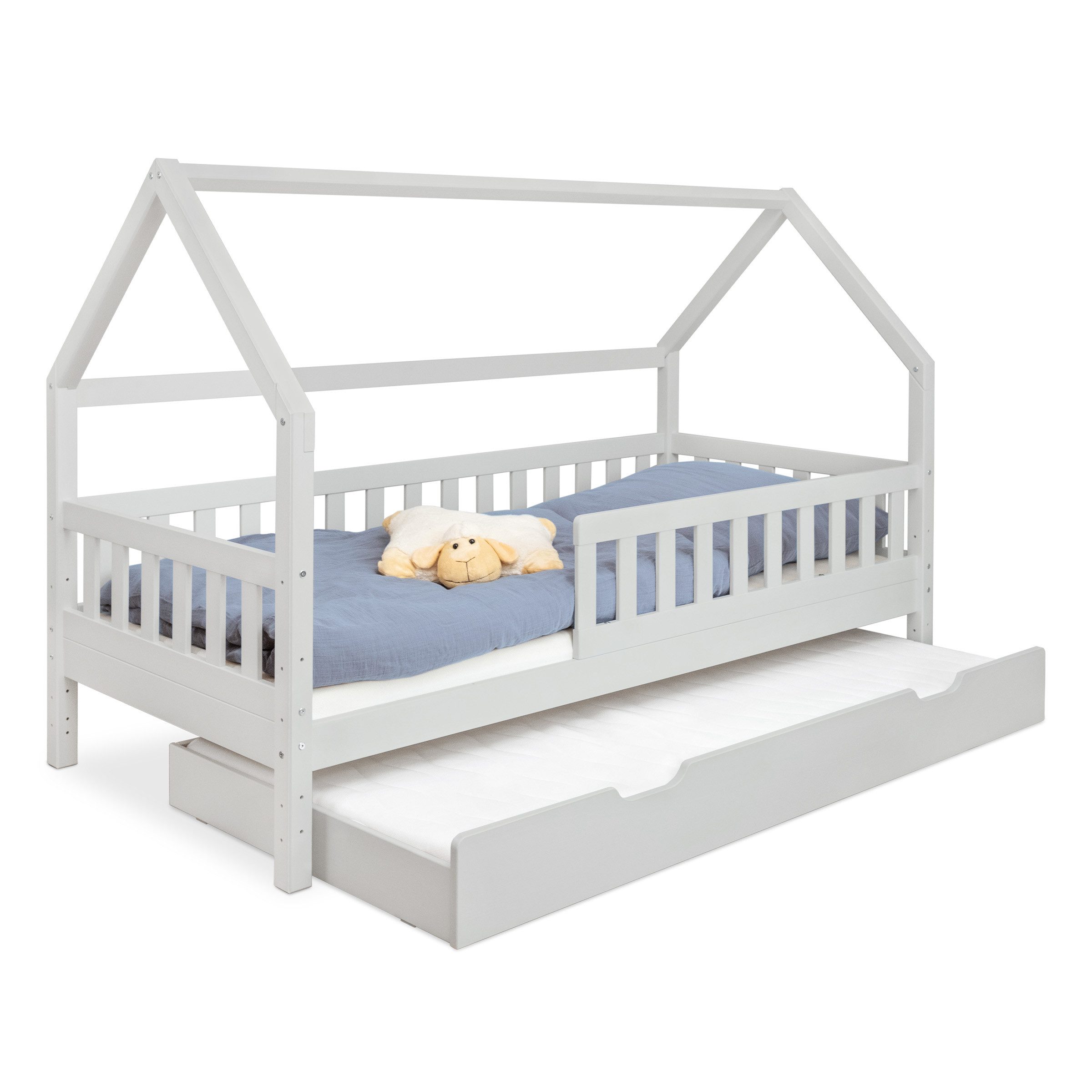 Ehrenkind Hausbett Lille aus massivem Kiefernholz inkl. Rausfallschutz und Rollrost (90x200 Hellgrau, Hausbett mit optionalem Stauraum), 2 in 1 Aufbau bodentief oder Standardhöhe