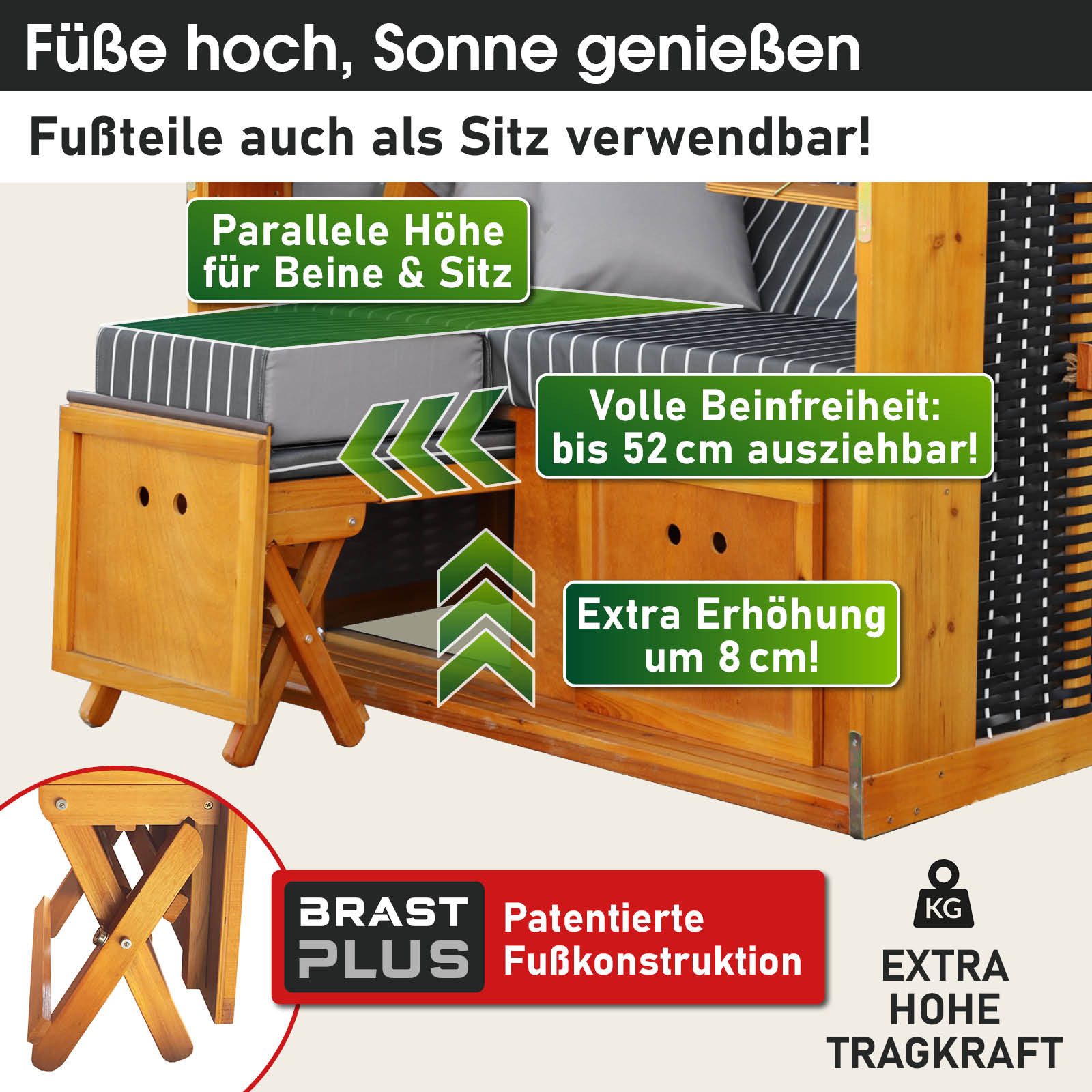 BRAST Strandkorb für 2 Personen, 120cm breit, 5 Designs, BxTxH: 120x79x150 cm, Volllieger, Rügen Deluxe, (verstellbare Rückenlehne weiches Fußkissen), inkl. wetterfeste Abdeckhaube