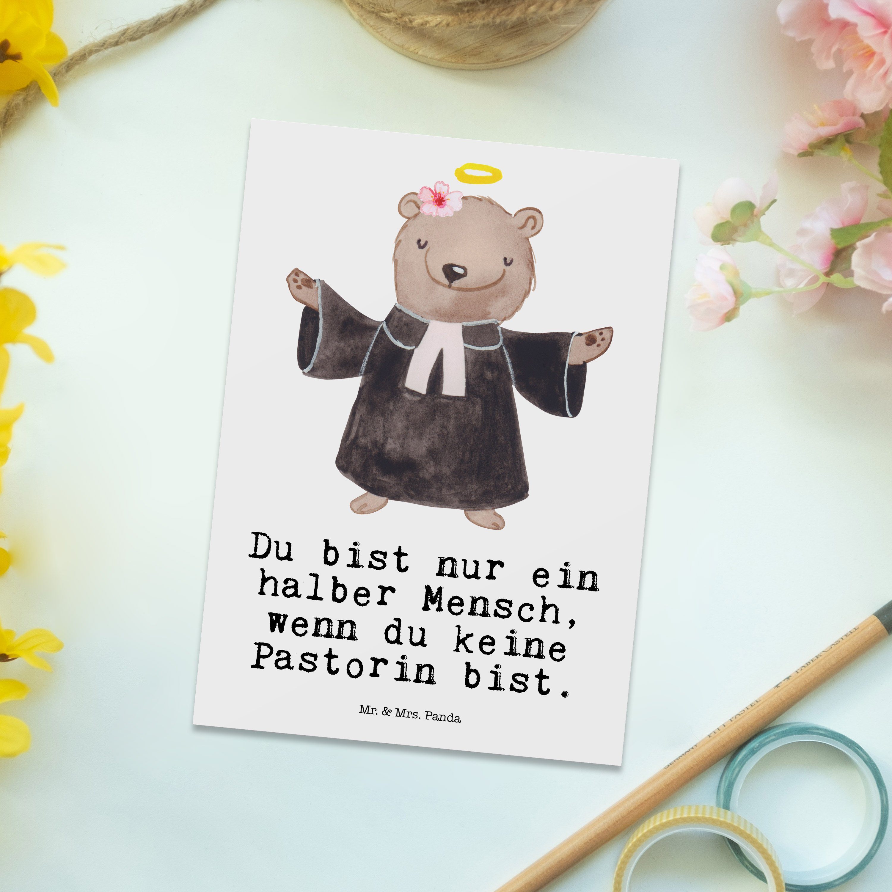 Mr. & Panda Postkarte T Pastorin Mrs. Arbeitskollege, Geschenk, Weiß - Herz - Ansichtskarte, mit