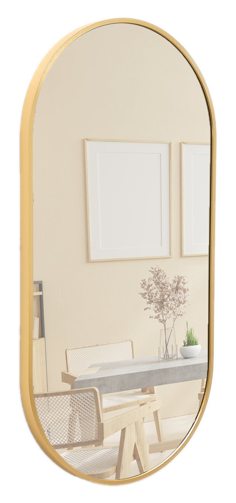 Terra Home Wandspiegel Spiegel Metallrahmen Schminkspiegel Oval (gold 80x40x3, inklusive Schrauben und Dübel), Badezimmerspiegel Flurspiegel