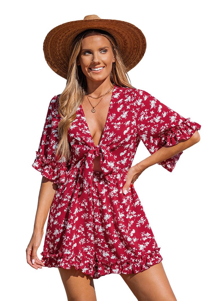 Cupshe Kurzoverall Rüschen Tiefer Ausschnitt Bindebänder vorne Weites Bein