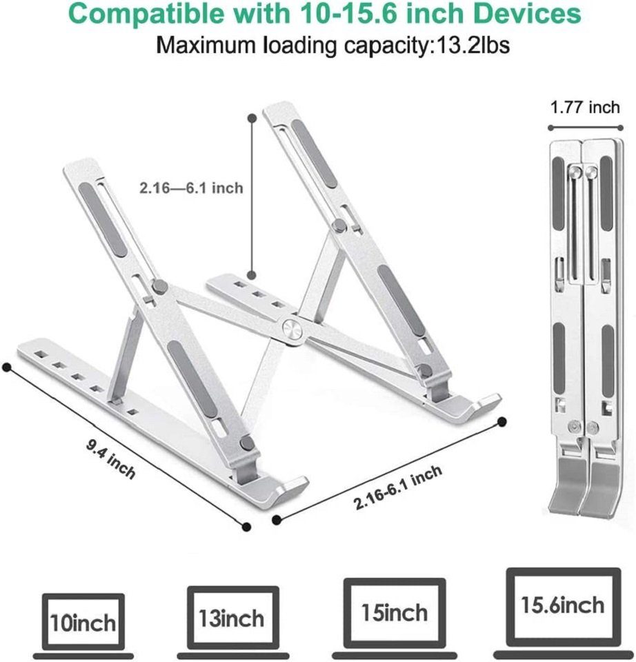 Laptop-Ständer, Alu, 6 Computer-Laptophalterung, Laptoptisch Daskoo tragbare mit Stufen faltbarer Laptop-Ständer Höhenverstellung