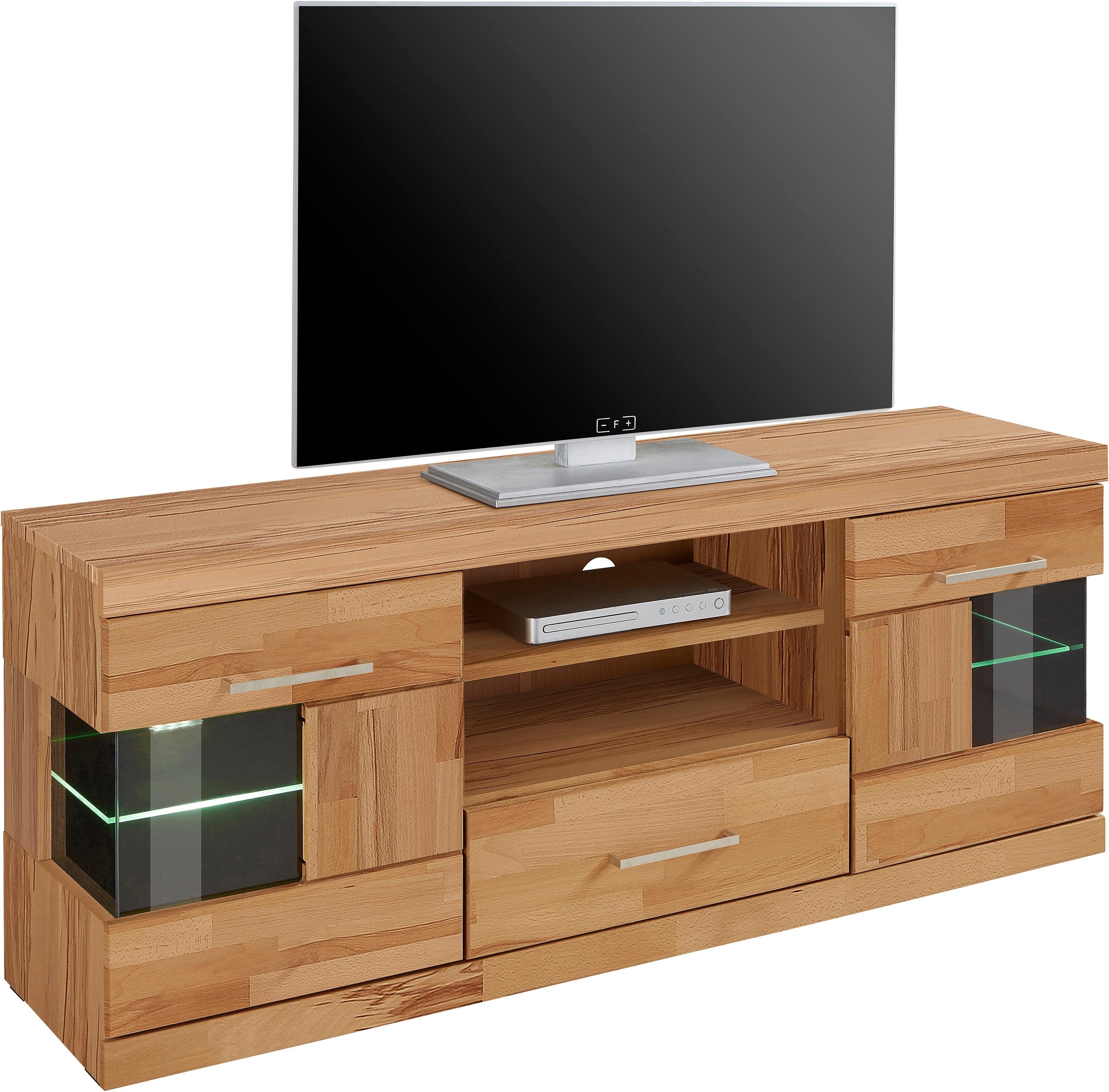 OTTO home Lowboard Ribe,140cm breit, Fronten Massivholz,6 Fächer,Kabeldurchführung, Korpus Holzwerkstoff,Glaseinsatz aus gehärtetem Glas,Böden versetzbar