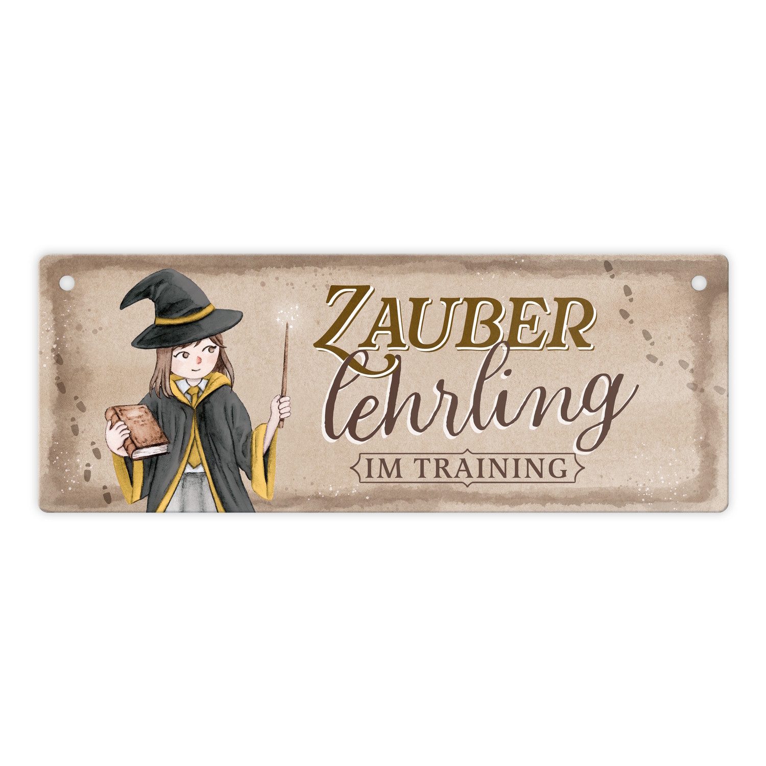Metallschild Zauberlehrling im Training Metallschild mit Zauberschülerin in gelb