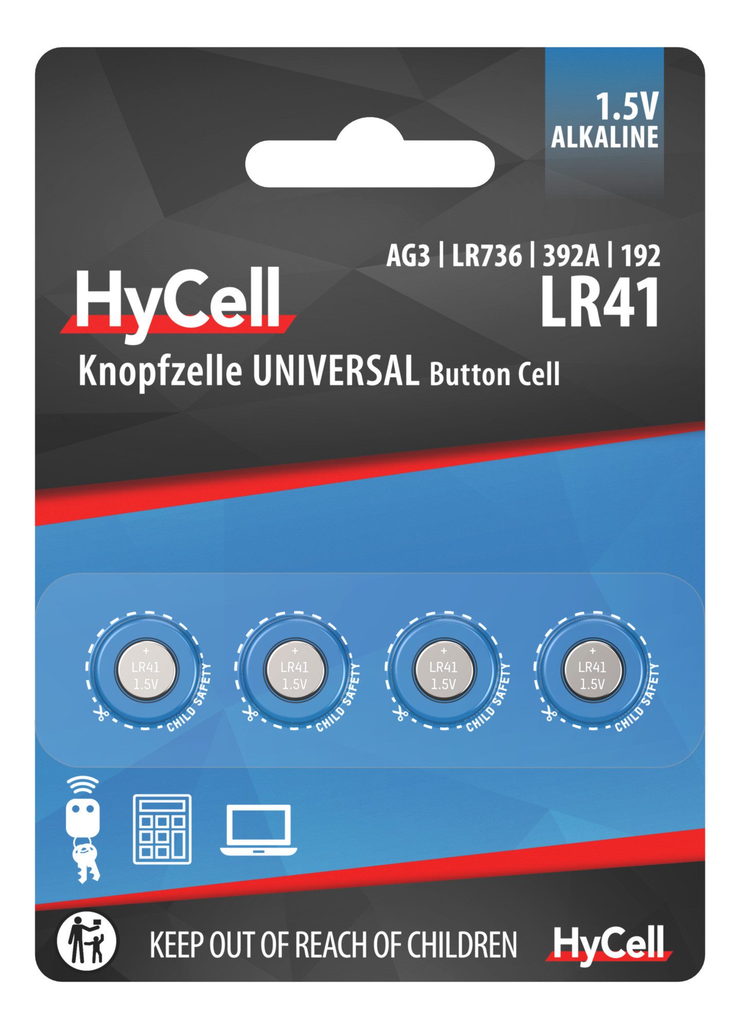 HyCell Alkaline Knopfzellen LR41 1,5V, 4 Stück, für Uhr, Waage uvm Knopfzelle von HyCell