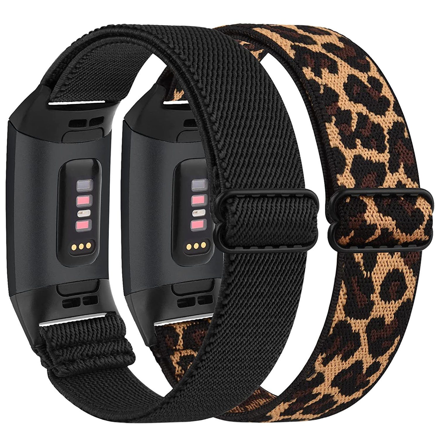 zggzerg Uhrenarmband 2 Stück Elastische Armband Kompatibel, Verstellbares Nylon Schwarz + leopard.