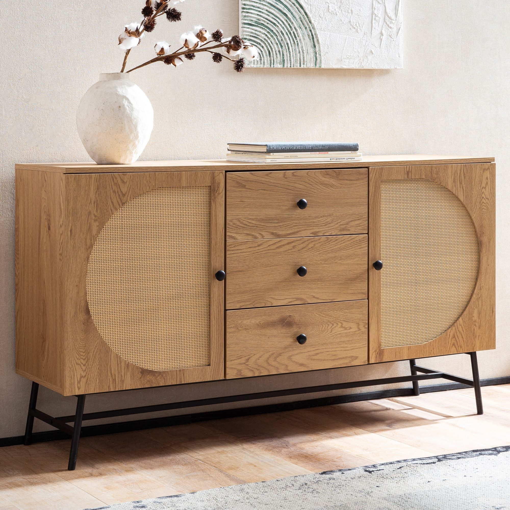 FINEBUY Sideboard FB103436 in Eiche Dekor 140 cm Kommode mit 2 Türen & 3 Schubladen (140x80x40 cm Anrichte, Eiche-Dekor Rattangeflecht), Kommode Türen & Schubladen, Hoher Kommodenschrank