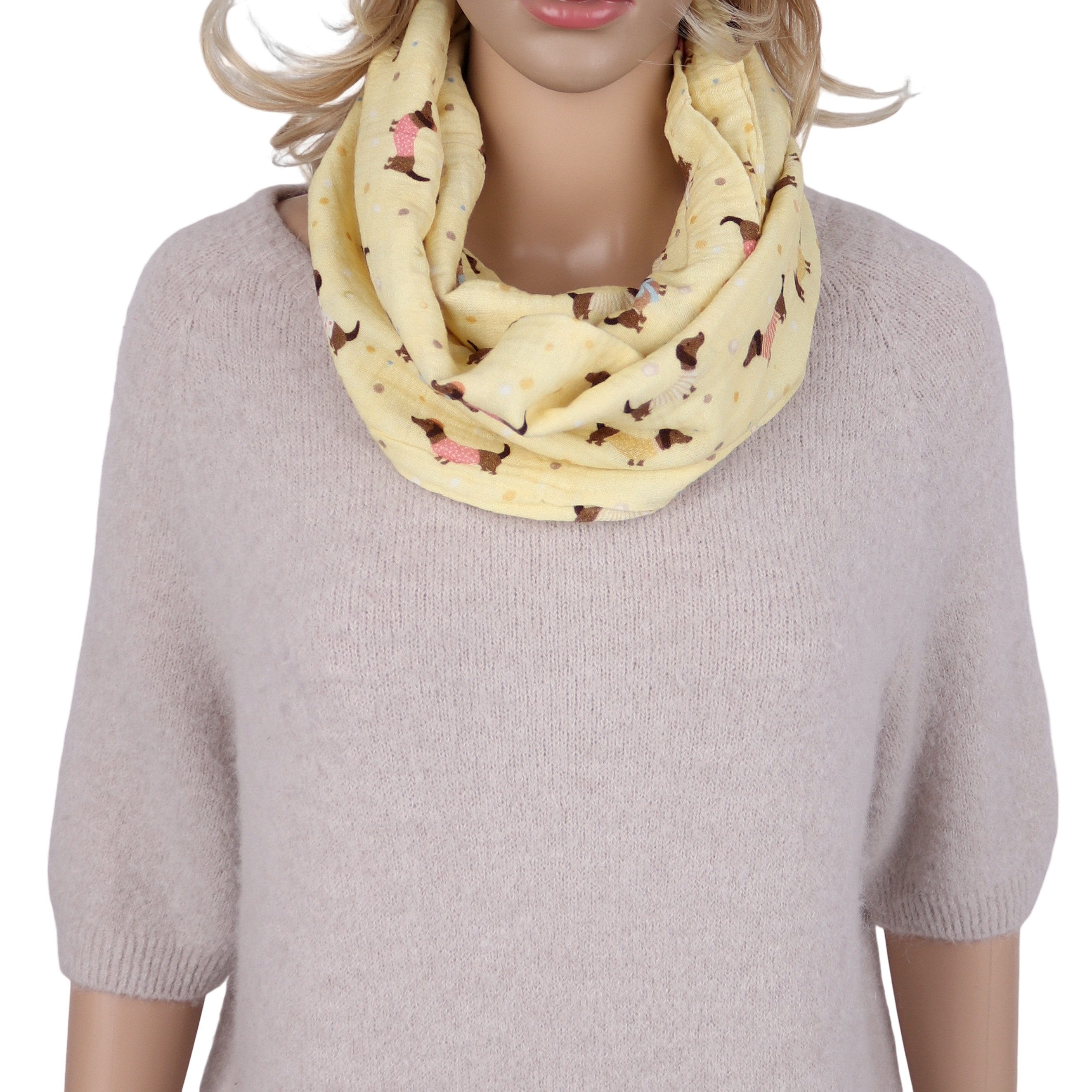 MIRROSI Loop Damen Schal aus Musellin, Made in Italy 70x20cm, Dackel, Schlauchschal, (Zweimal um den Hals wickelbar, ca.70x20cm), Damen Halstuch ideal für Frühling, Sommer oder Herbst